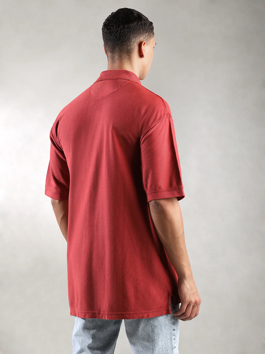 Men Bright Red Drop Shoulder Oversize Polo T-Shirt - Image 3