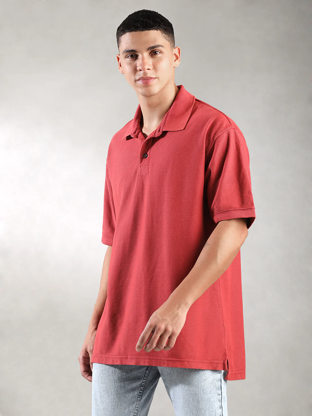Men Bright Red Drop Shoulder Oversize Polo T-Shirt - Image 4
