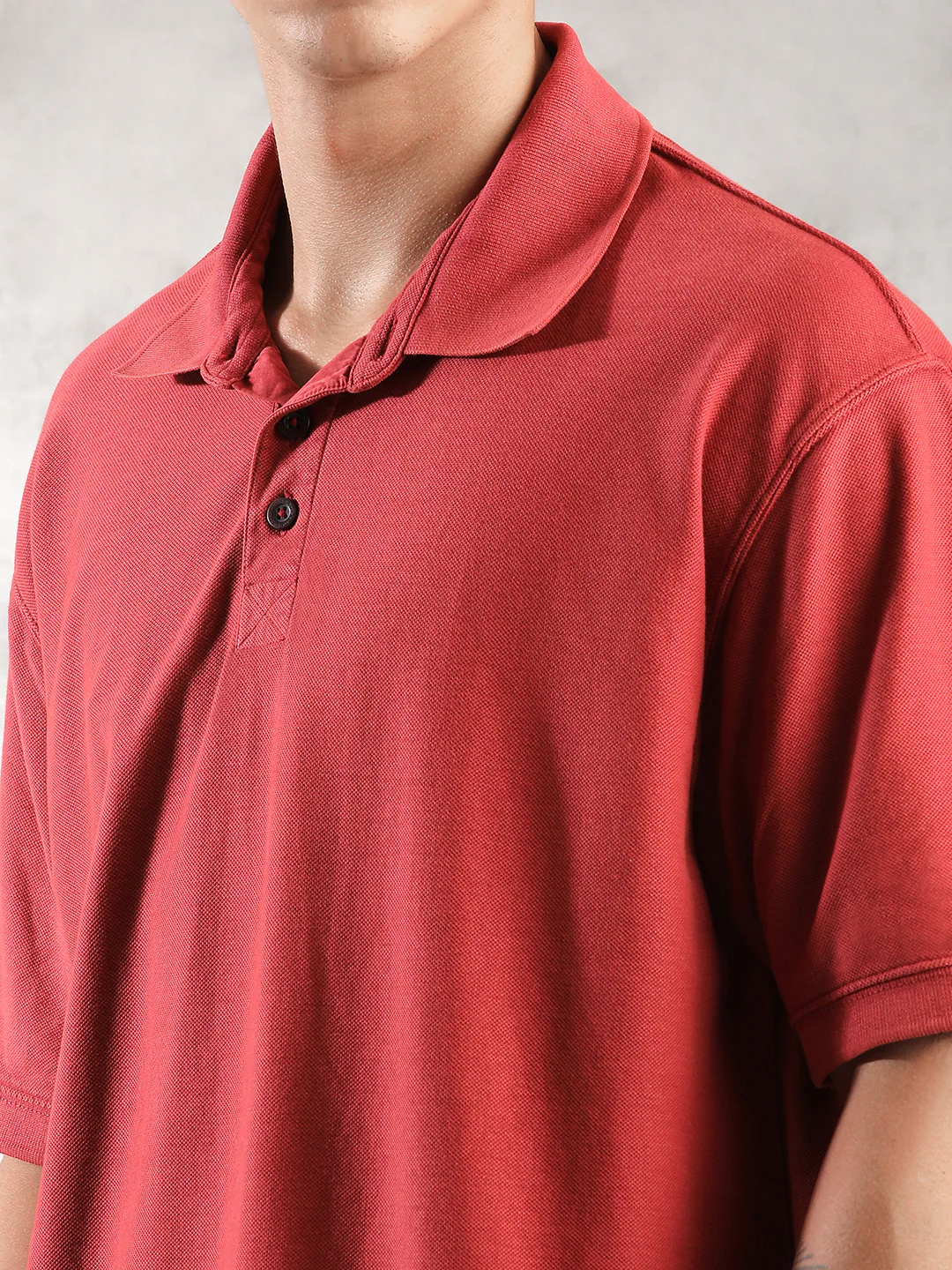 Men Bright Red Drop Shoulder Oversize Polo T-Shirt - Image 5