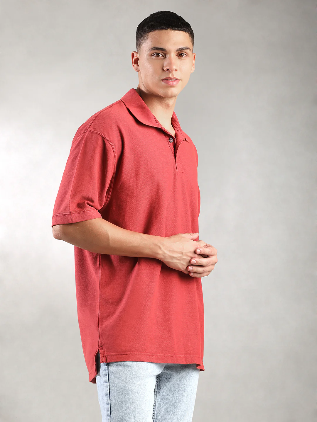 Men Bright Red Drop Shoulder Oversize Polo T-Shirt - Image 6