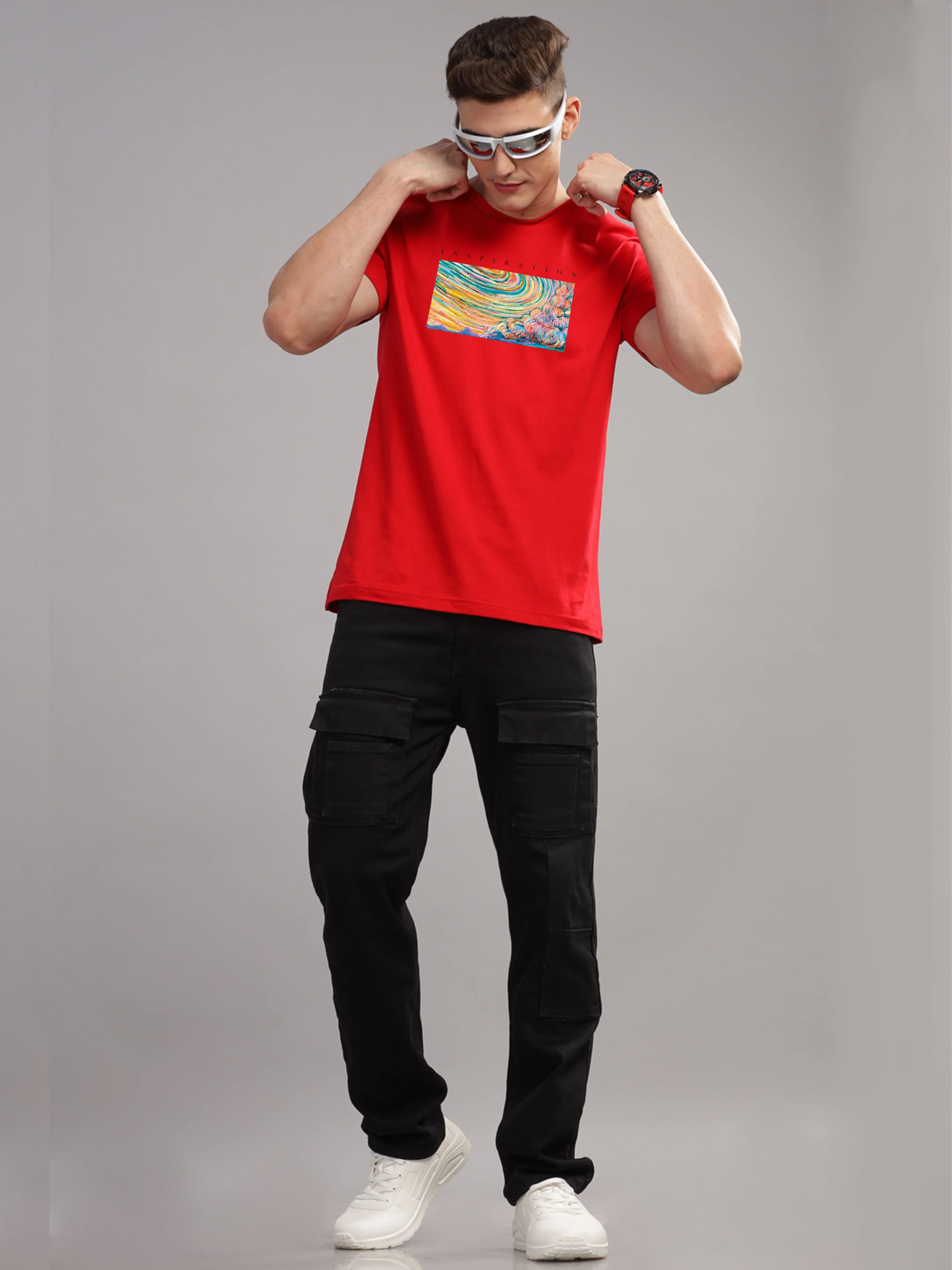 Men Red Round Neck T Shirt - Image 2