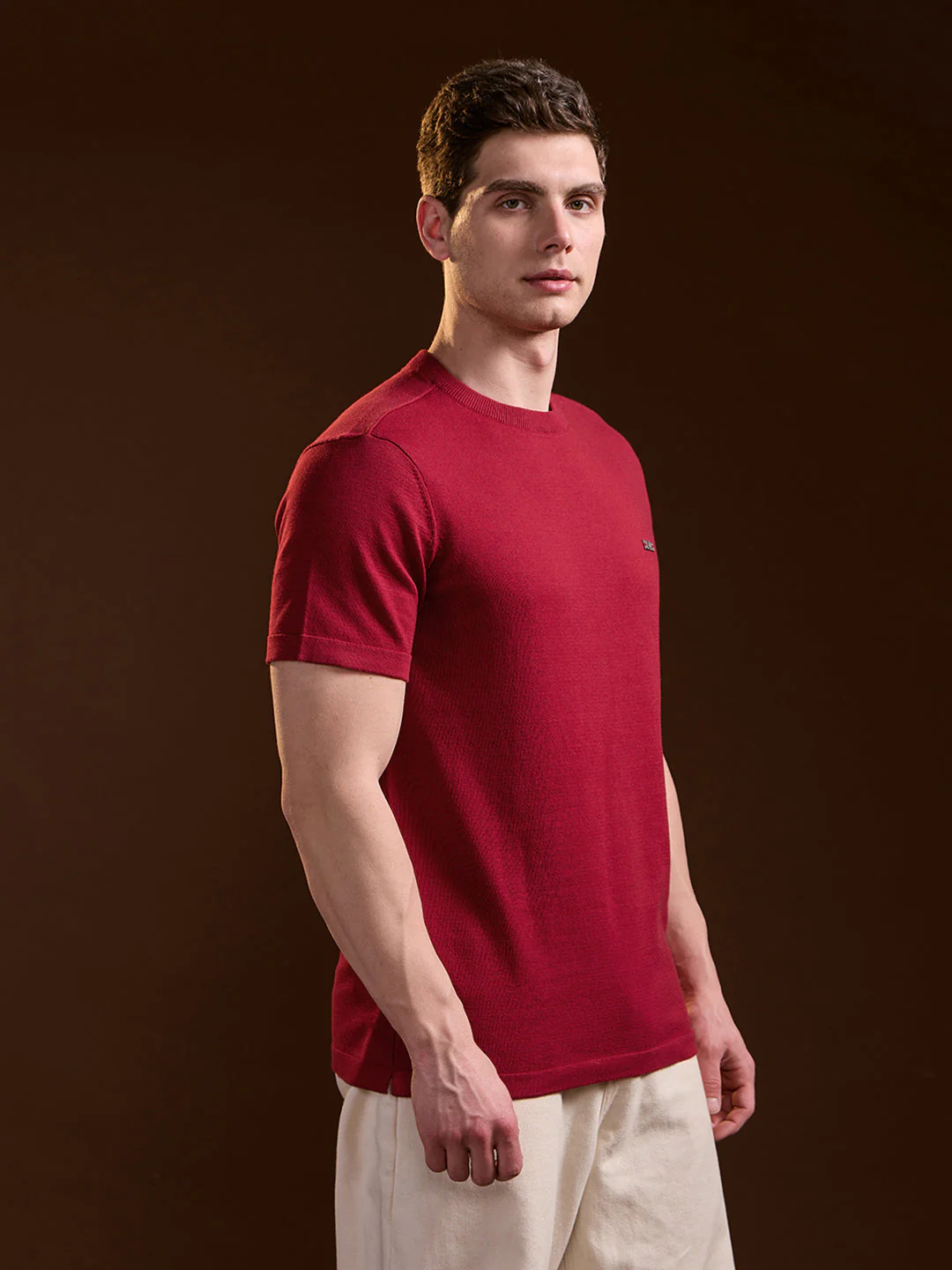 Men Red Solid Regular Fit Ribbed Crew Neck T-shirt - Image 3