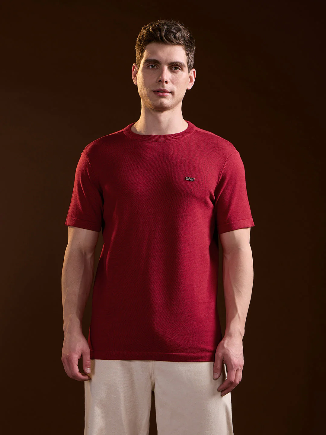 Men Red Solid Regular Fit Ribbed Crew Neck T-shirt - Image 6