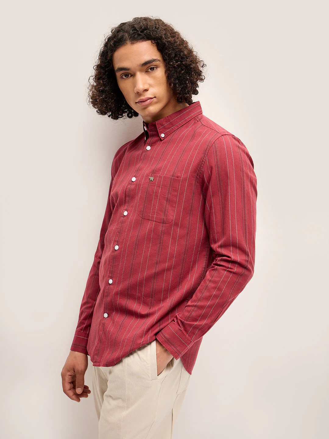Men Red Stripe Slim Fit Casual Shirt - Image 2