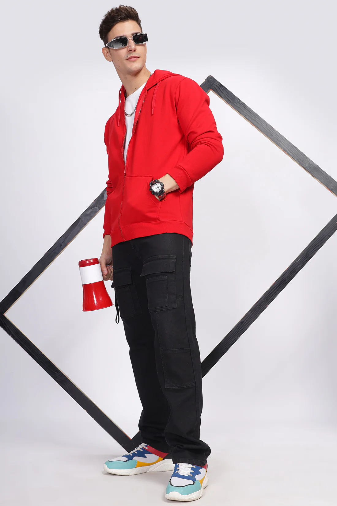 Men Red Sweatshirt With Zipper Hoodies - Image 4