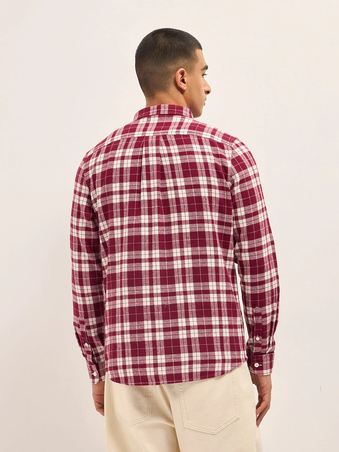 Men Red Tartan Check Slim Fit Casual Shirt - Image 2
