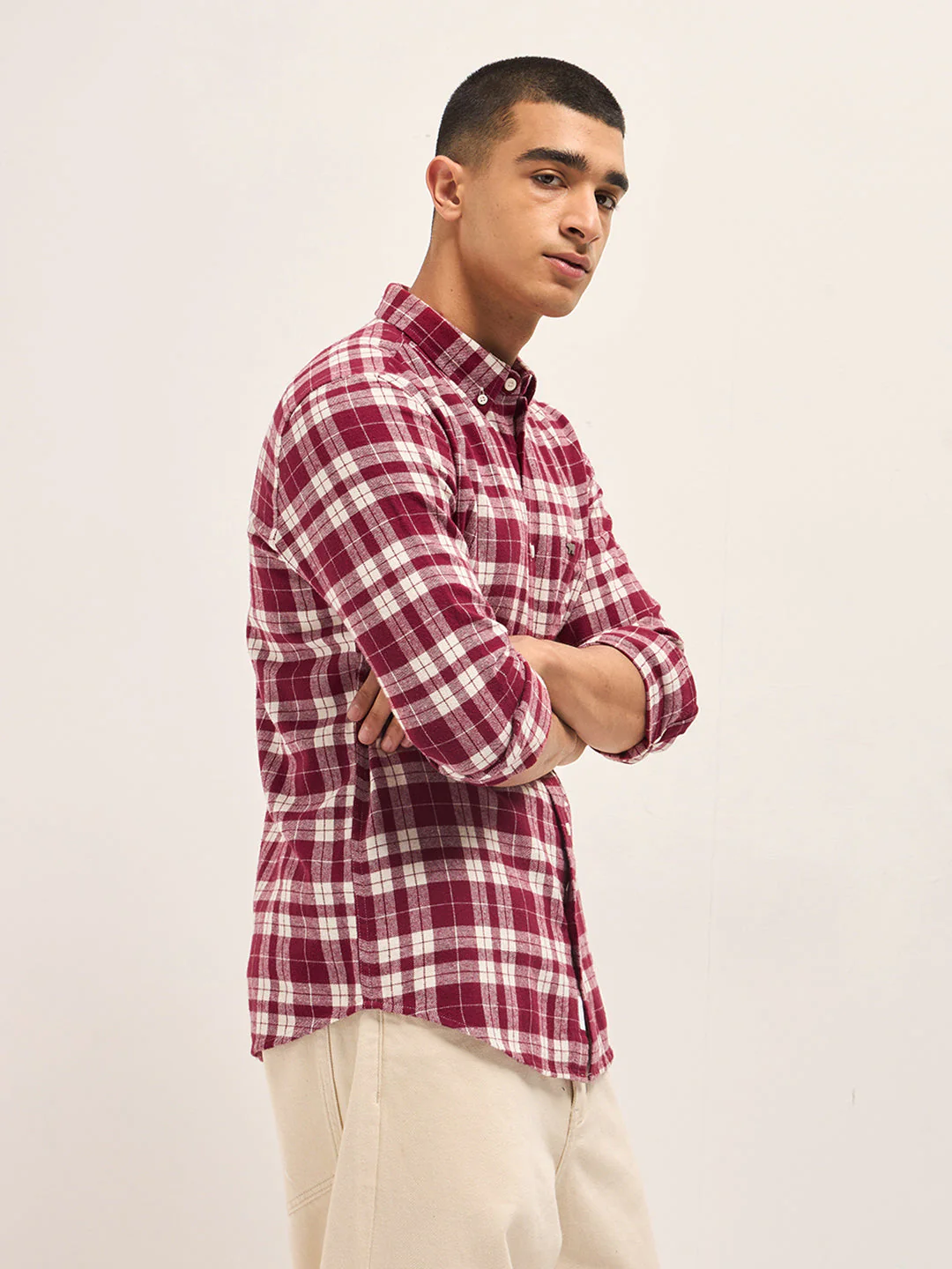 Men Red Tartan Check Slim Fit Casual Shirt - Image 3