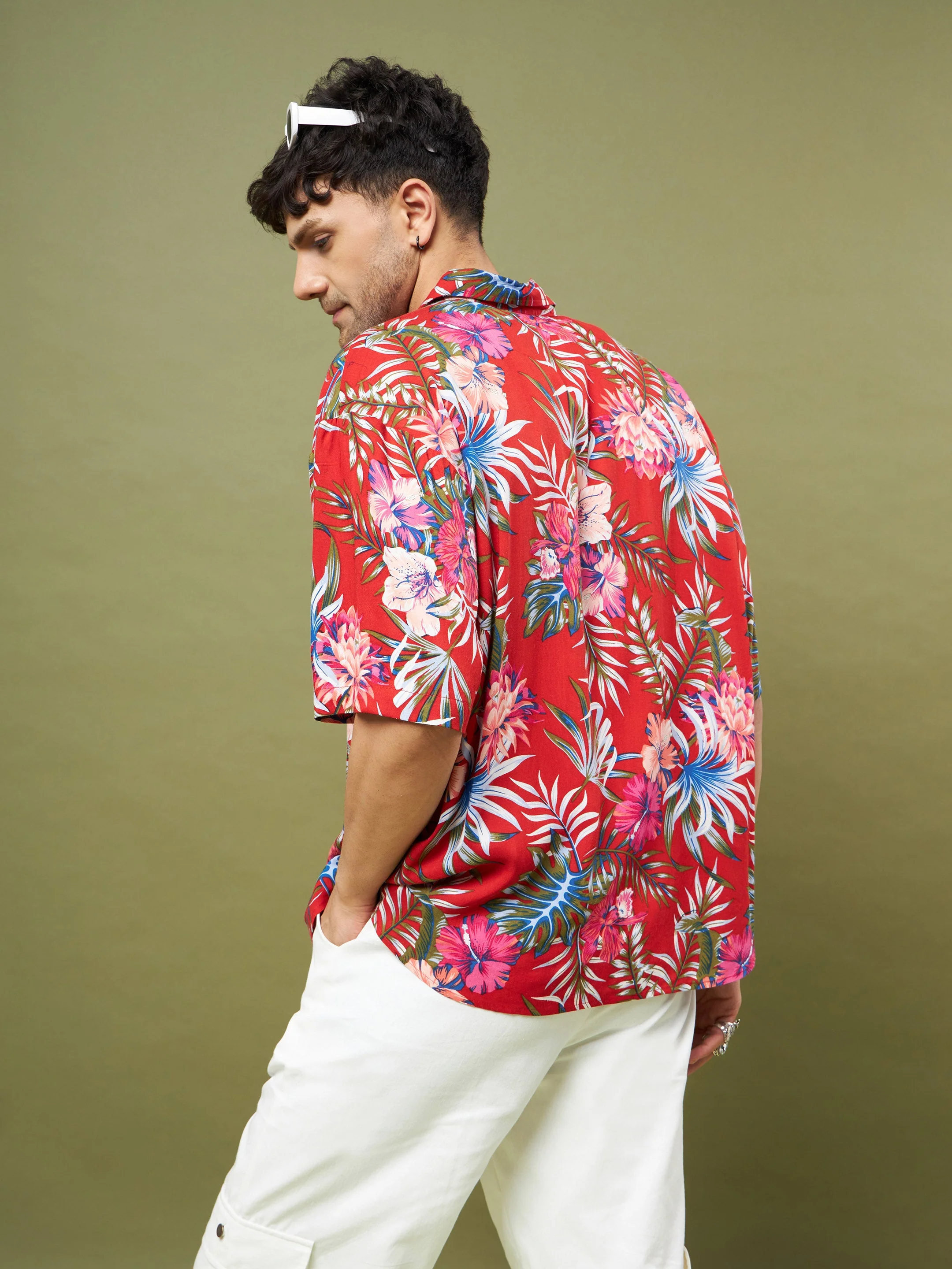Men Red Tropical Floral Oversized Shirt - Image 2