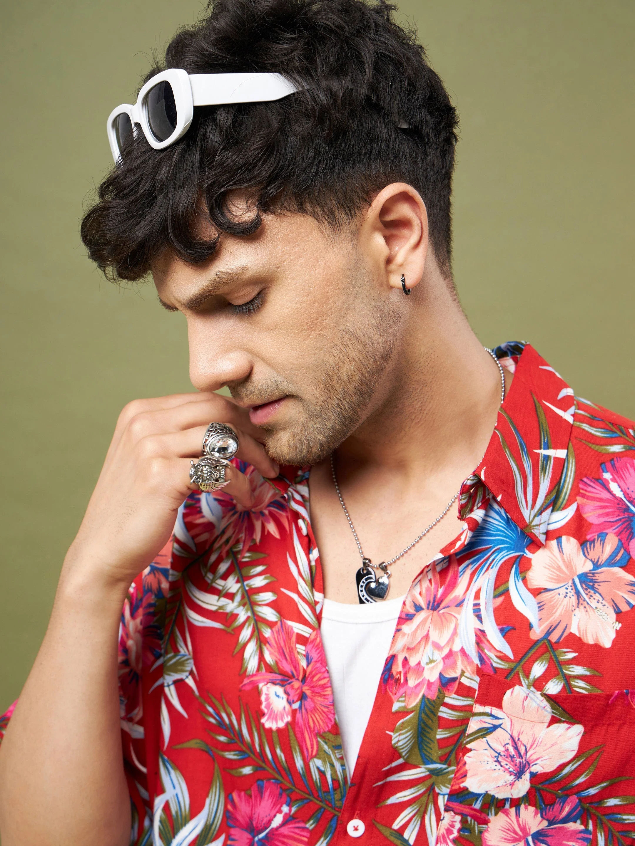 Men Red Tropical Floral Oversized Shirt - Image 3