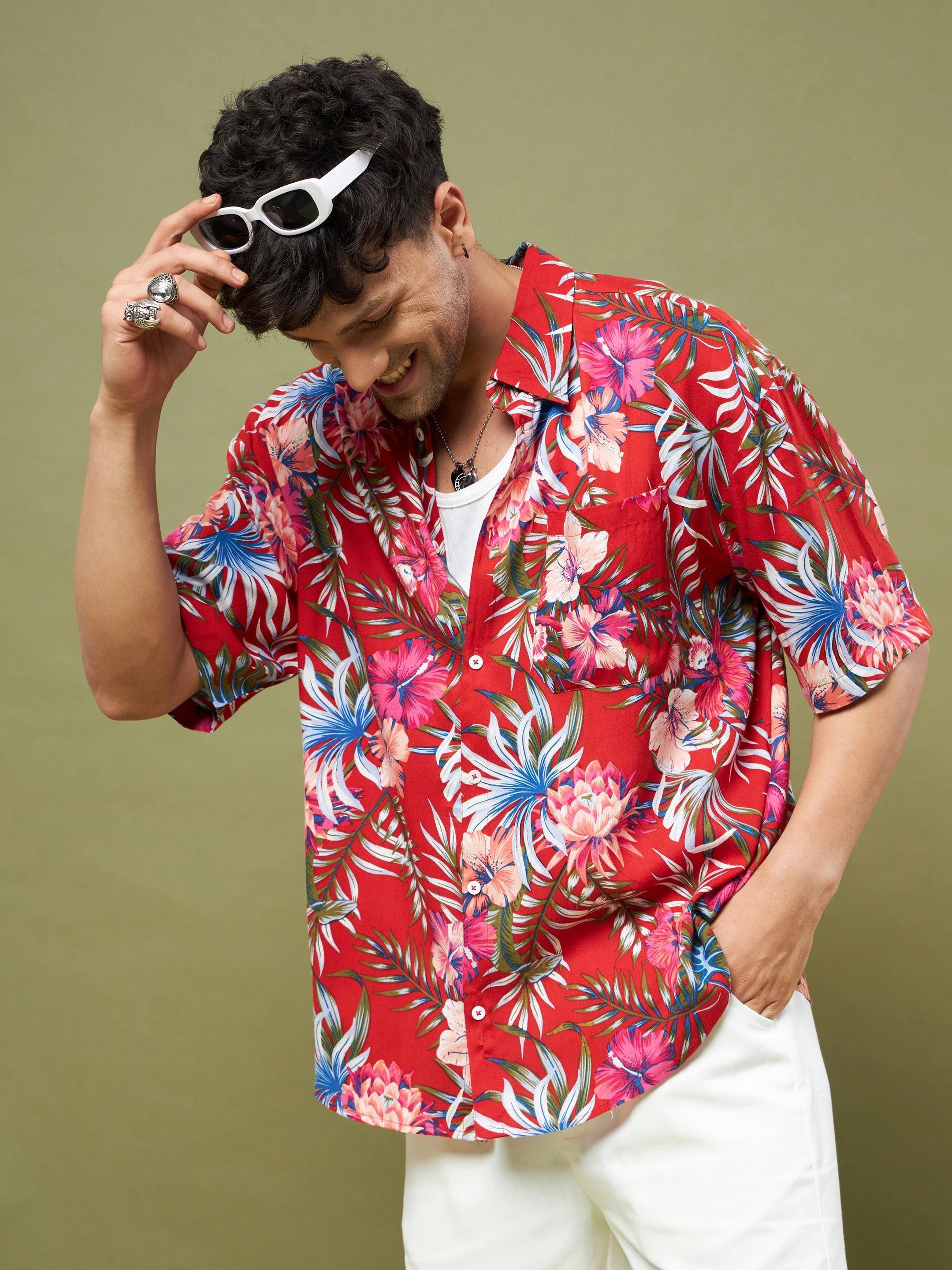 Men Red Tropical Floral Oversized Shirt - Image 4