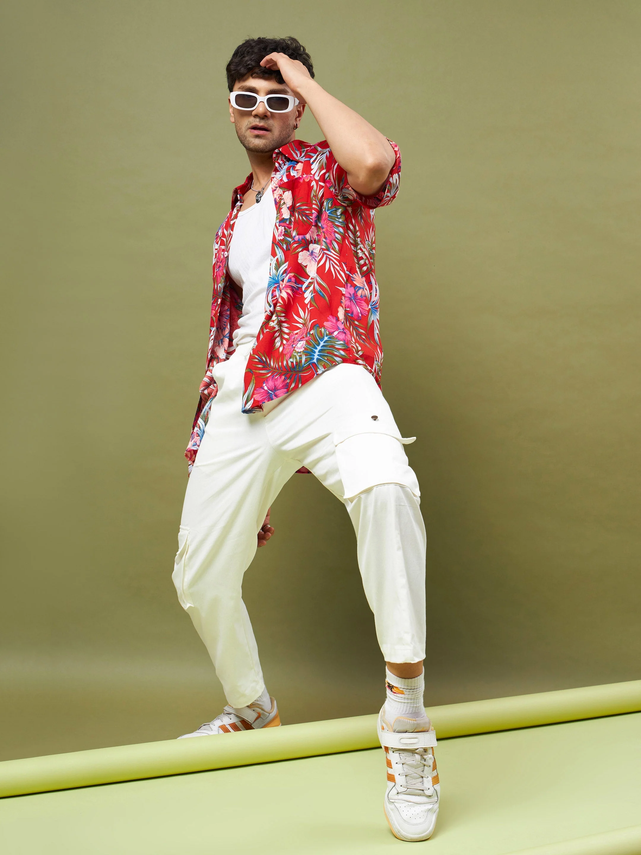 Men Red Tropical Floral Oversized Shirt - Image 5