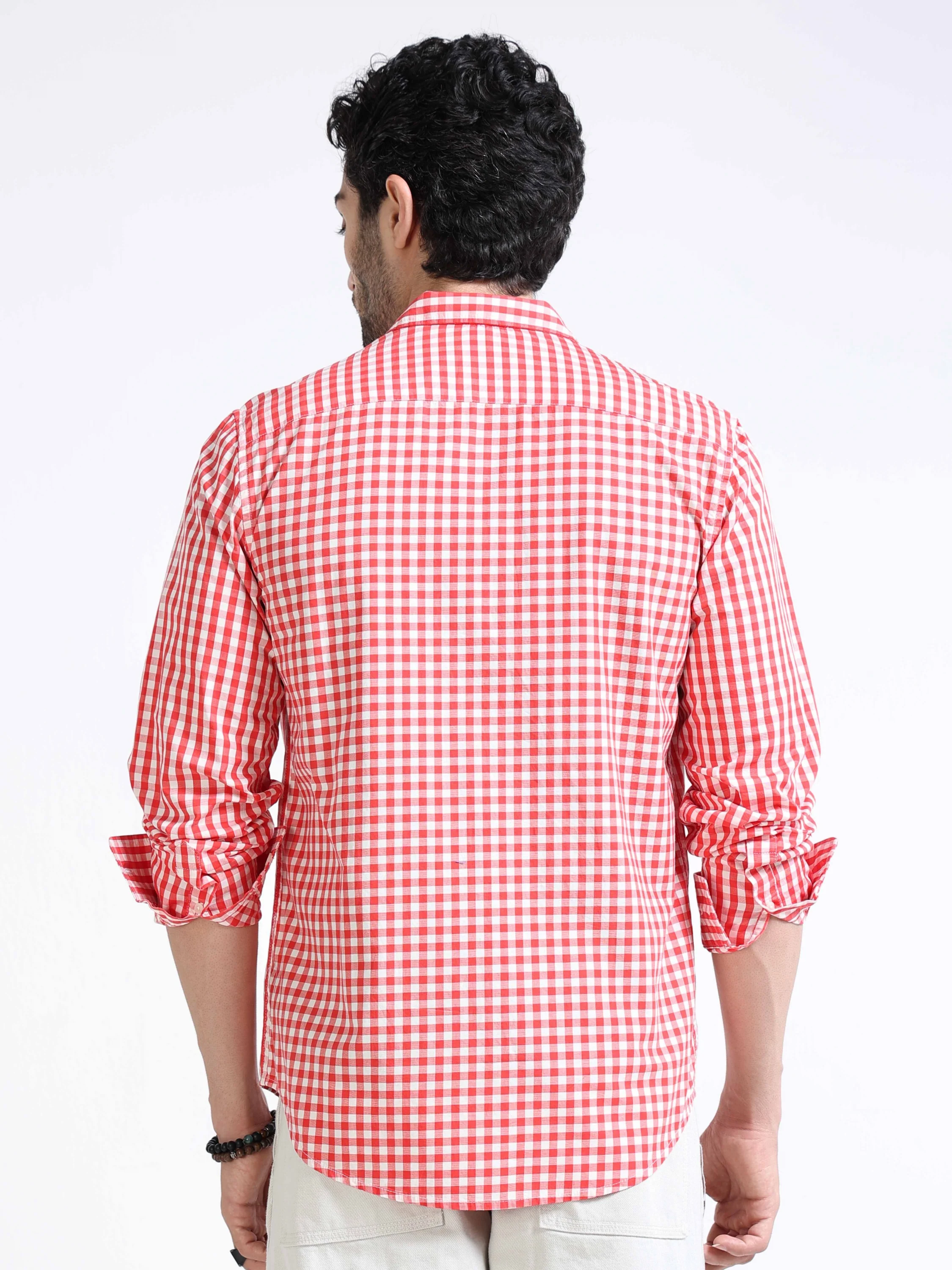 Men Red & White Plaid Regular Fit Shirt - Image 3