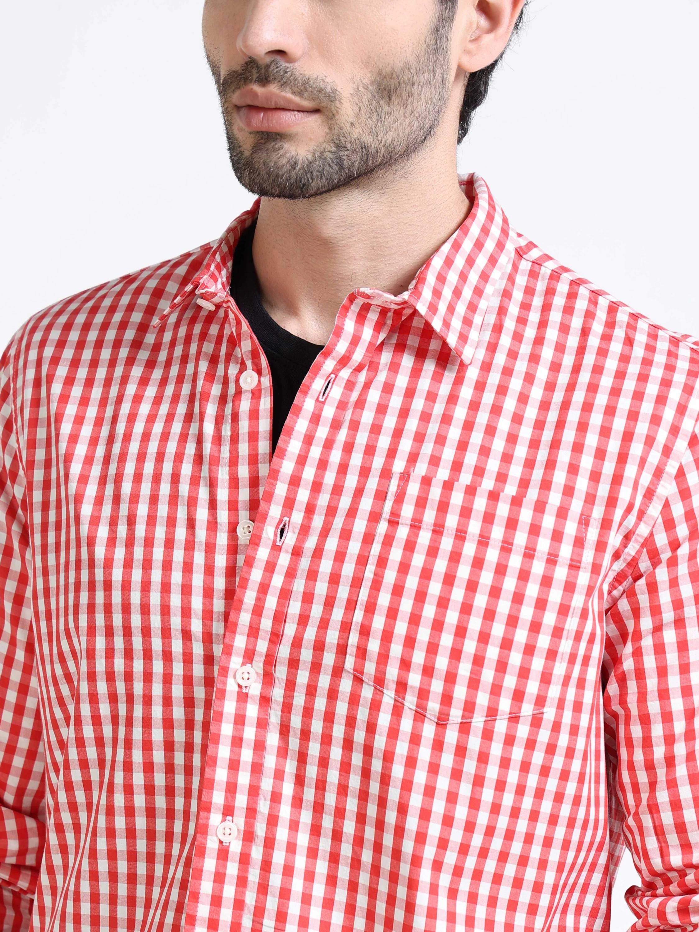 Men Red & White Plaid Regular Fit Shirt - Image 4