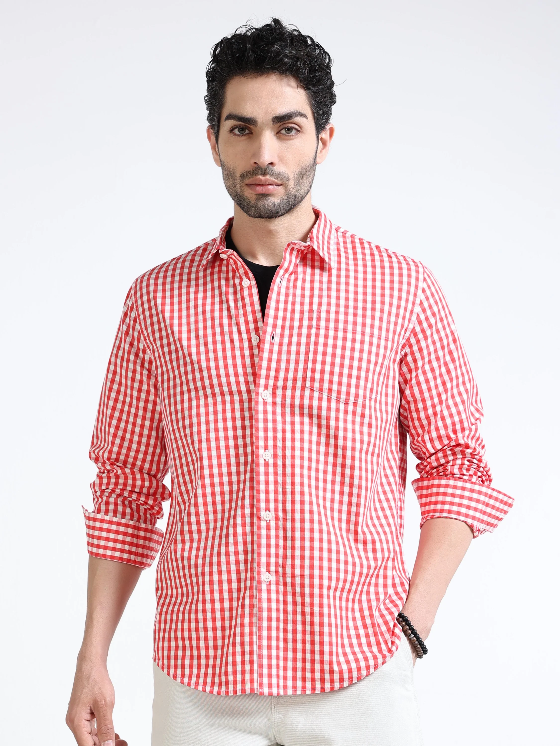 Men Red & White Plaid Regular Fit Shirt - Image 5