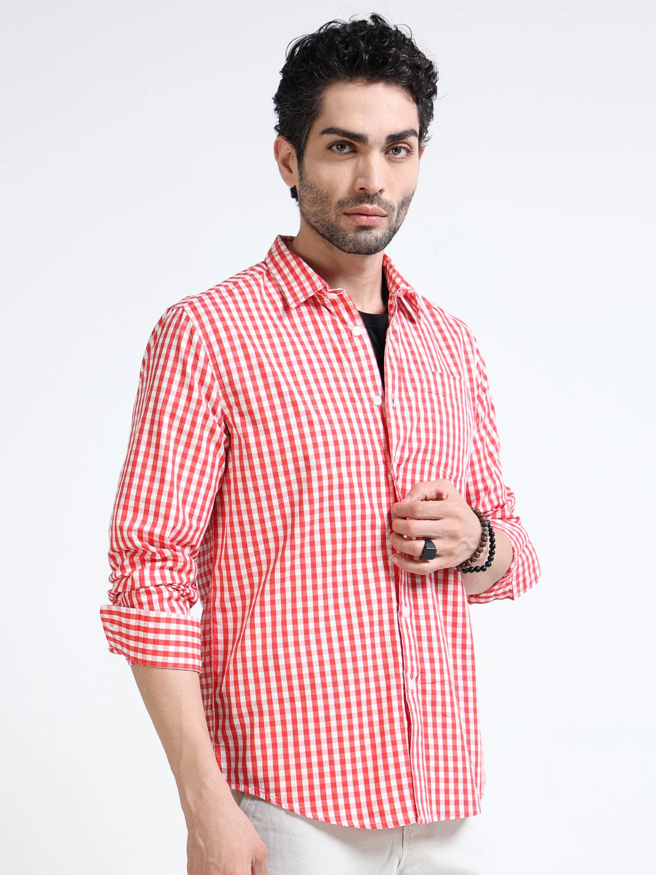 Men Red & White Plaid Regular Fit Shirt - Image 6