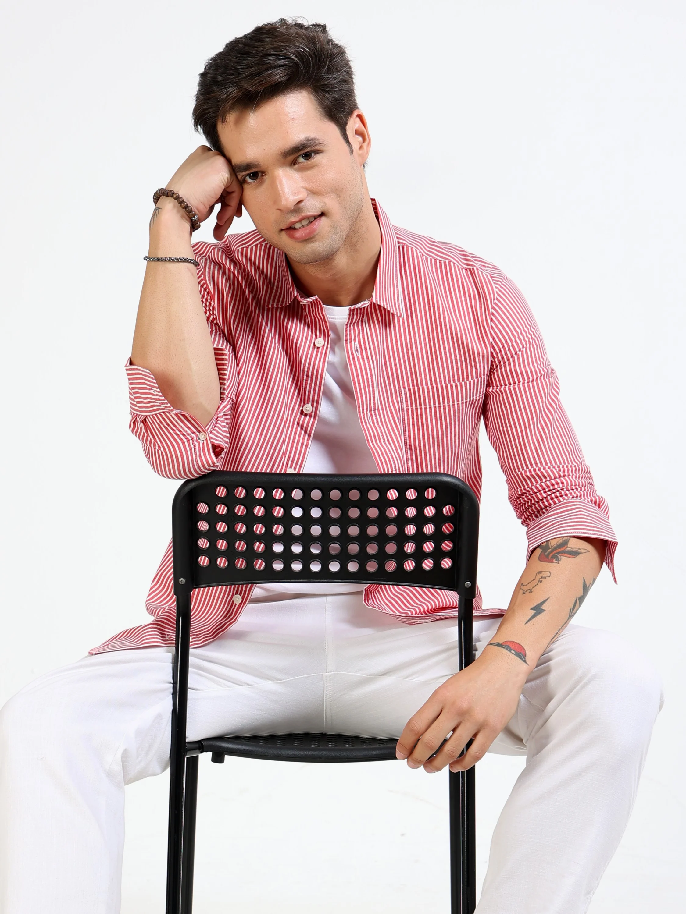 Men Slim Fit Red & White Shirt - Image 2