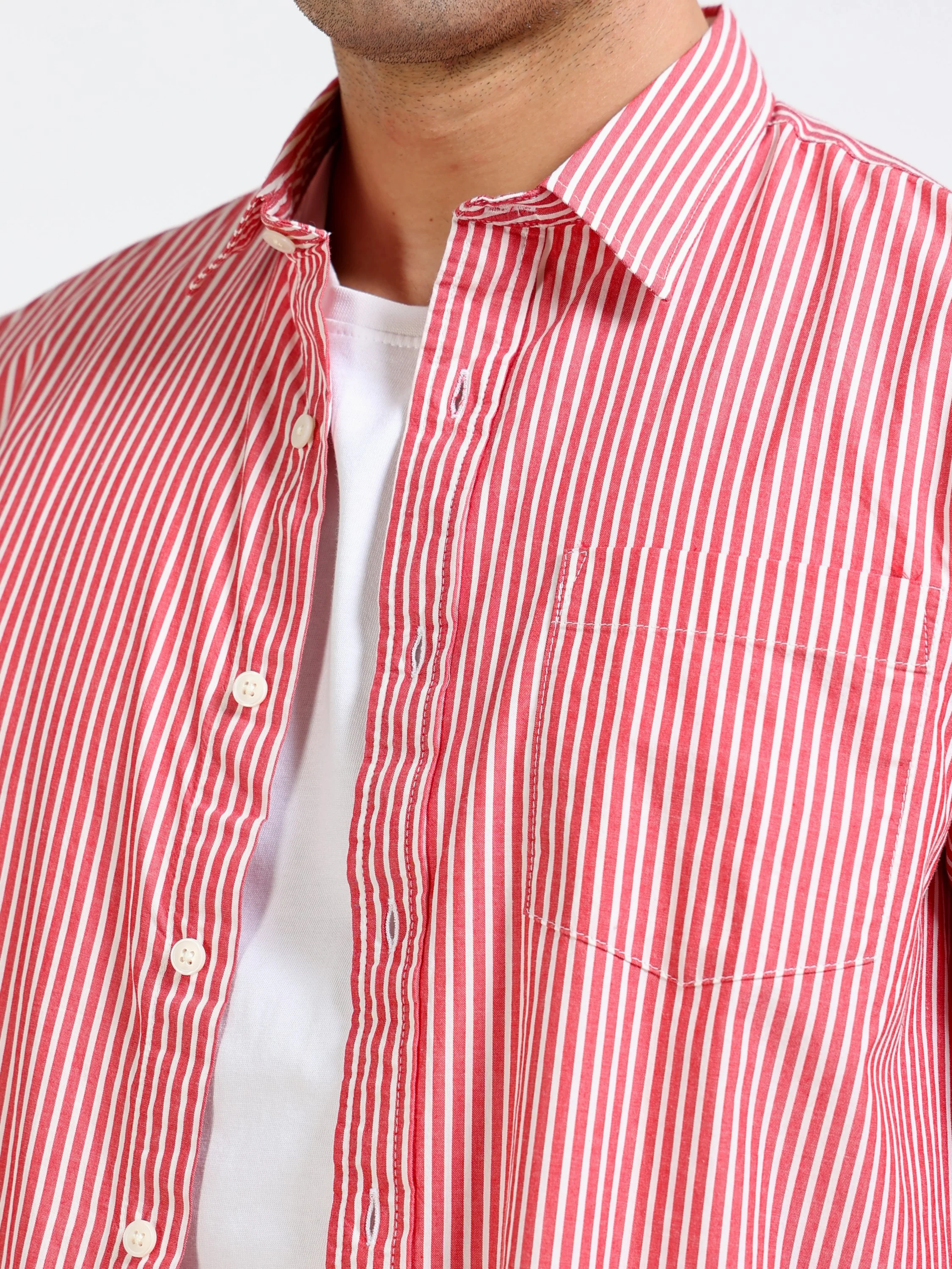 Men Slim Fit Red & White Shirt - Image 3