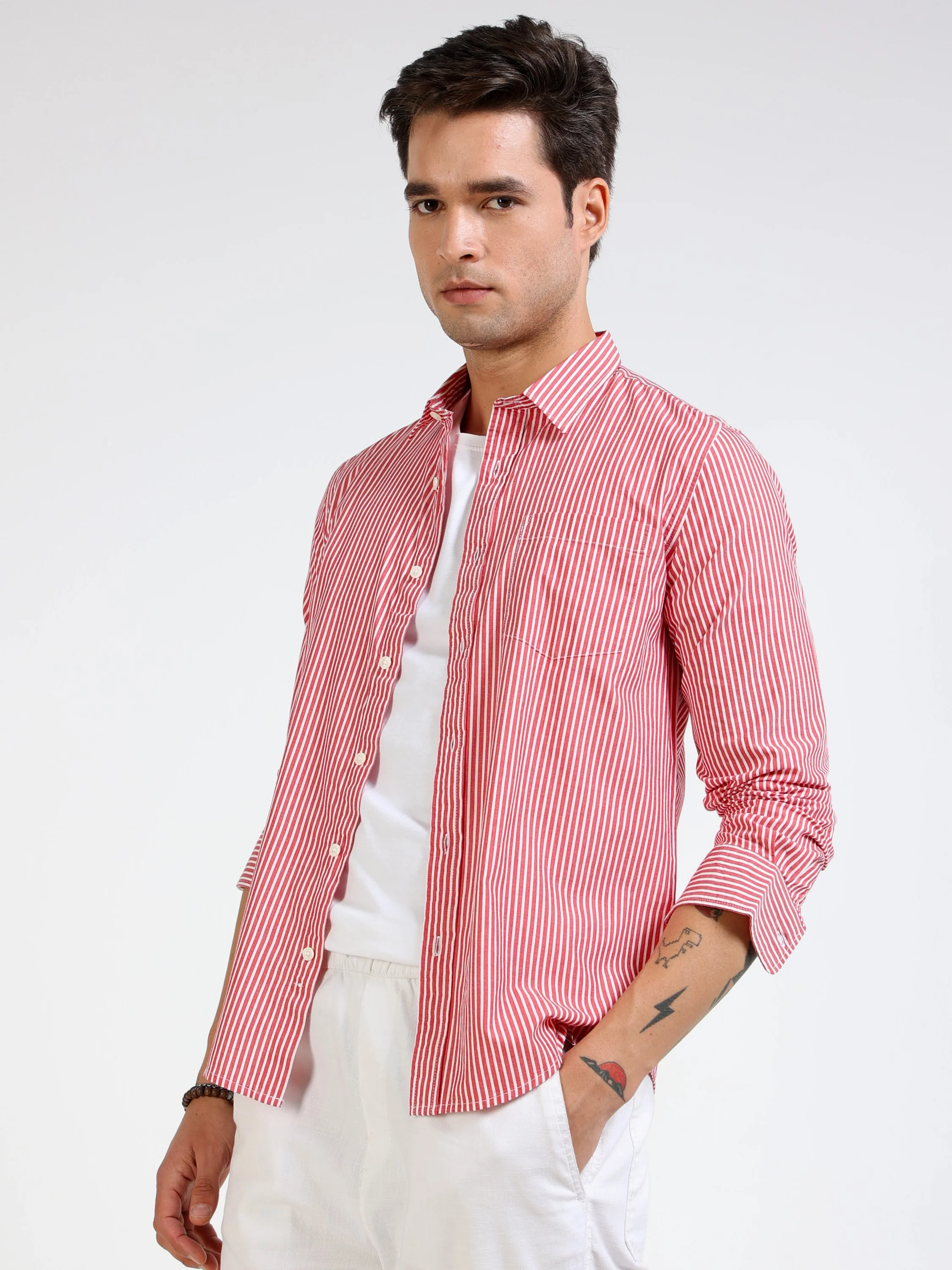 Men Slim Fit Red & White Shirt - Image 6