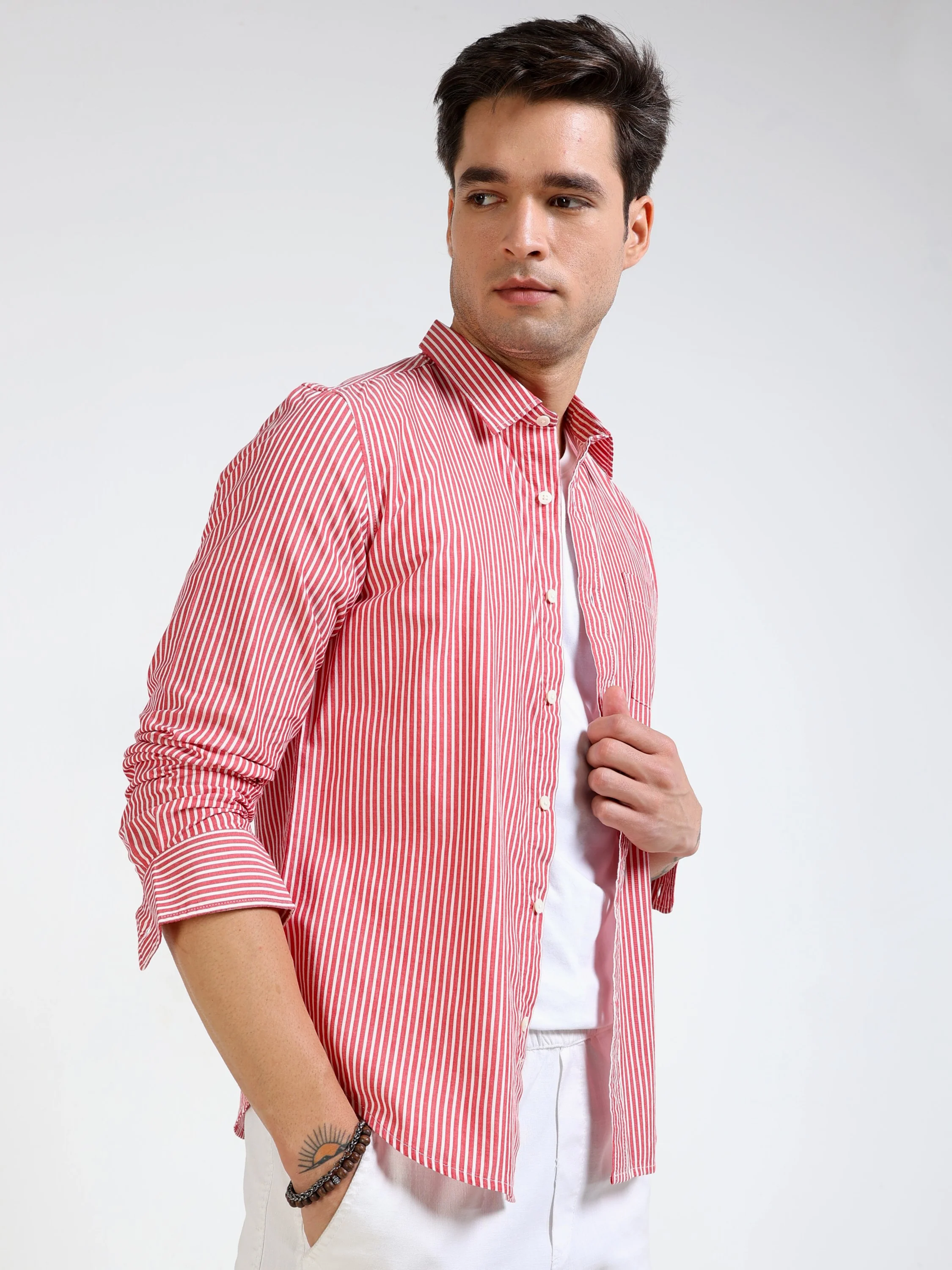 Men Slim Fit Red & White Shirt - Image 7