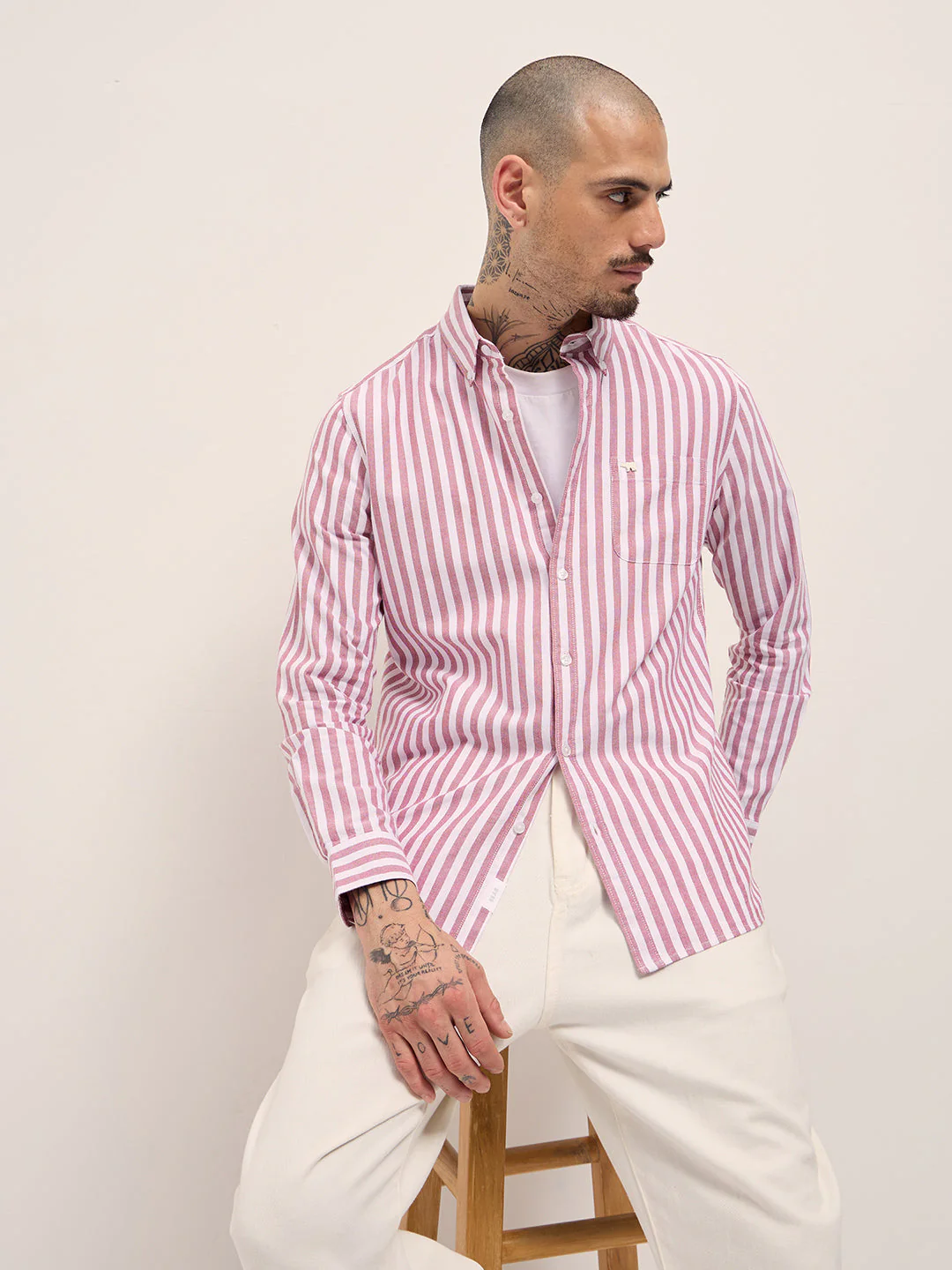 Men Red & White Vertical Stripes Slim Fit Casual Shirt - Image 3