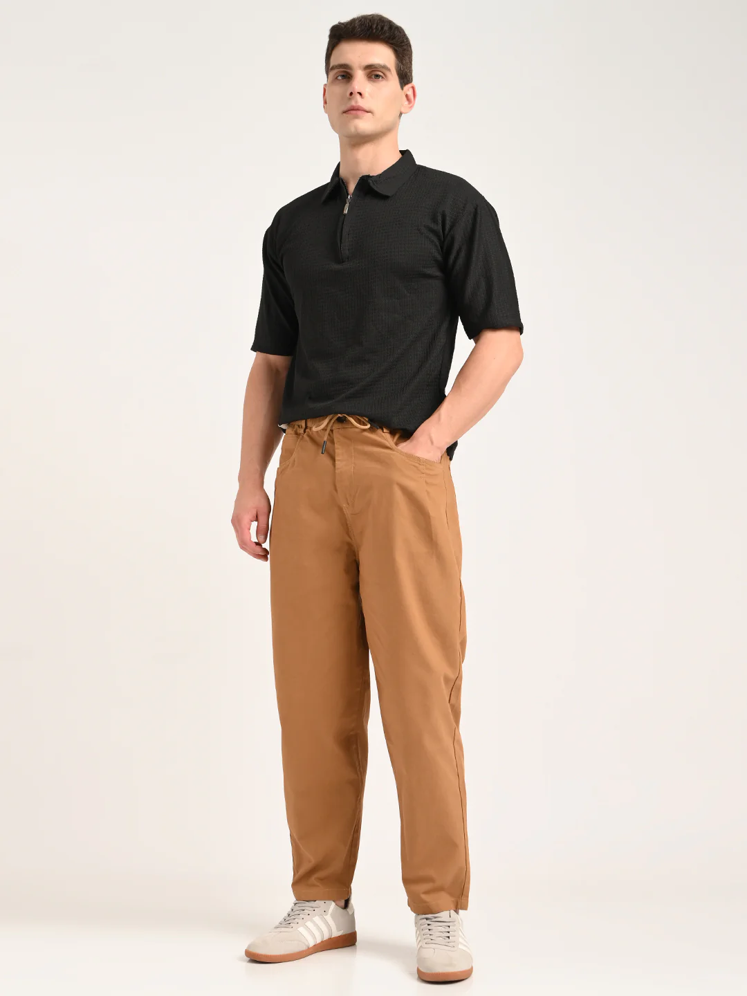 Men Relaxed Cotton Trousers with Drawcord - Image 2