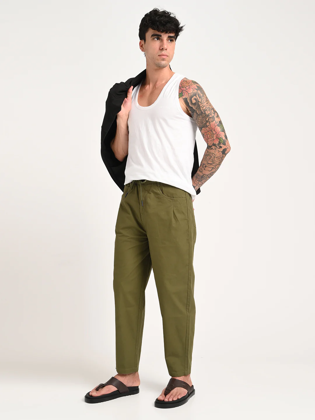Men Relaxed Cotton Trousers with Drawcord - Image 2