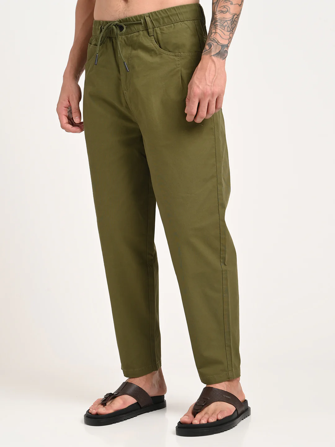 Men Relaxed Cotton Trousers with Drawcord - Image 4