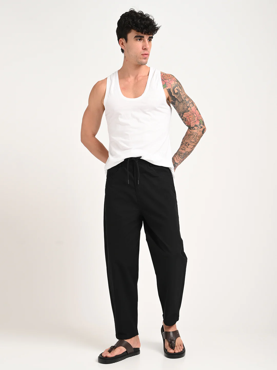 Men Relaxed Cotton Trousers with Drawcord - Image 2