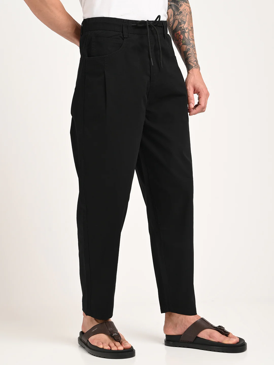 Men Relaxed Cotton Trousers with Drawcord - Image 3