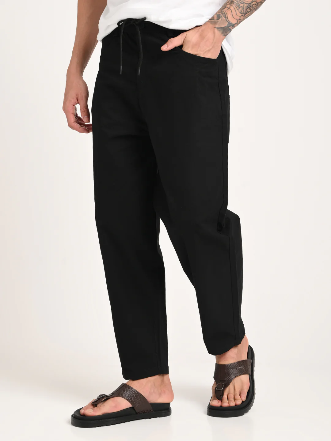 Men Relaxed Cotton Trousers with Drawcord - Image 4