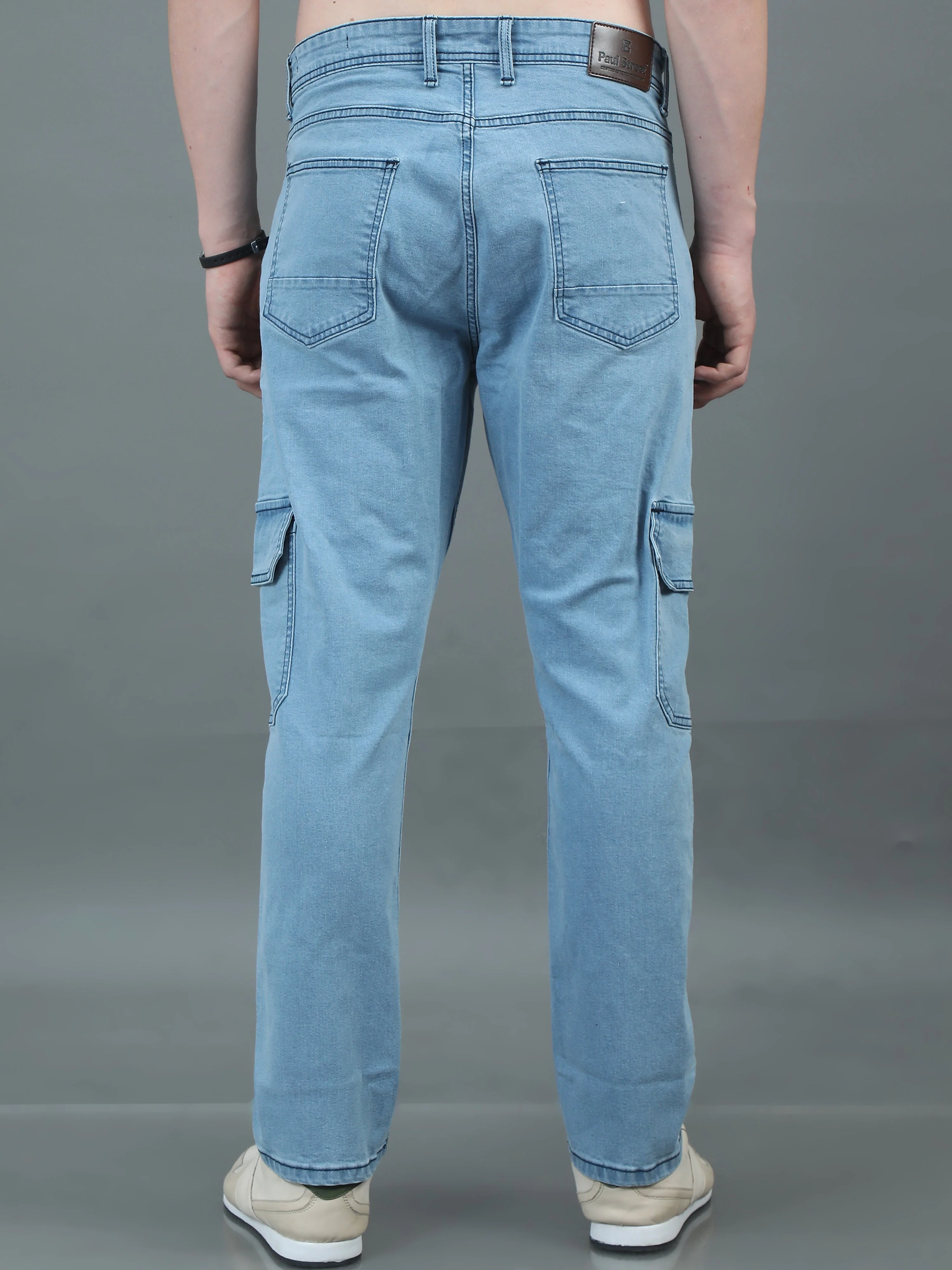 Men Relaxed Fit Light Blue Cargo Jeans - Image 2