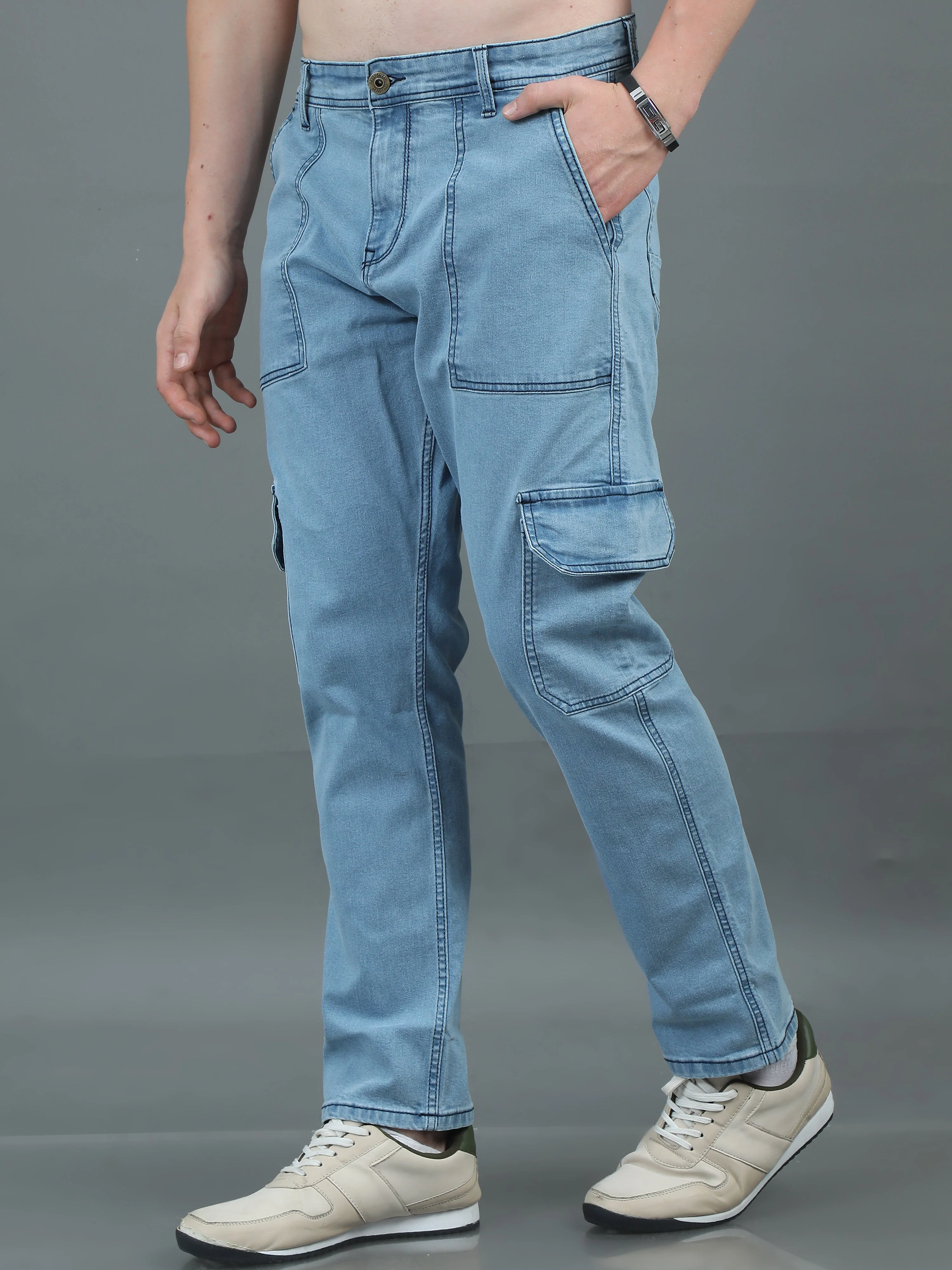Men Relaxed Fit Light Blue Cargo Jeans - Image 3