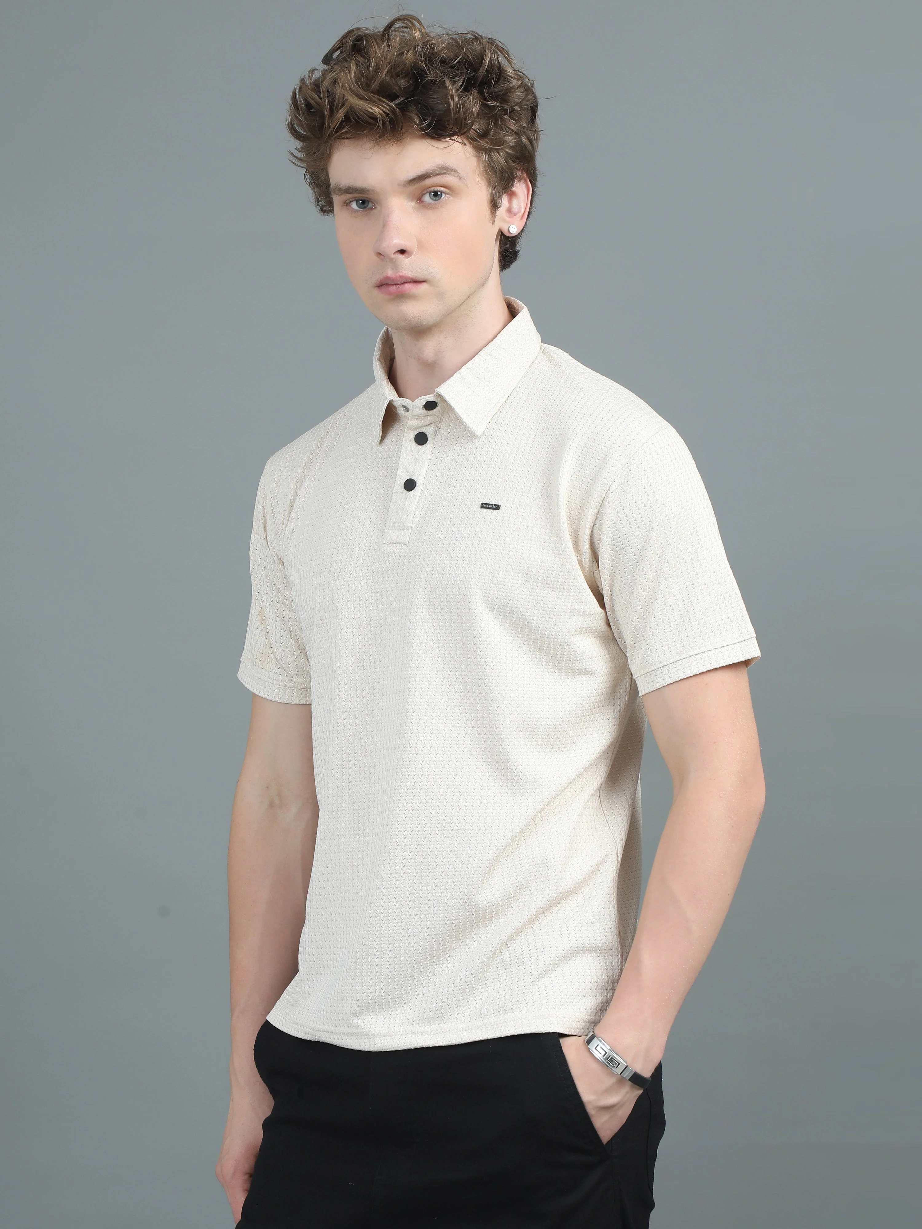 Men Ripple Polo Beige T-Shirt - Image 3