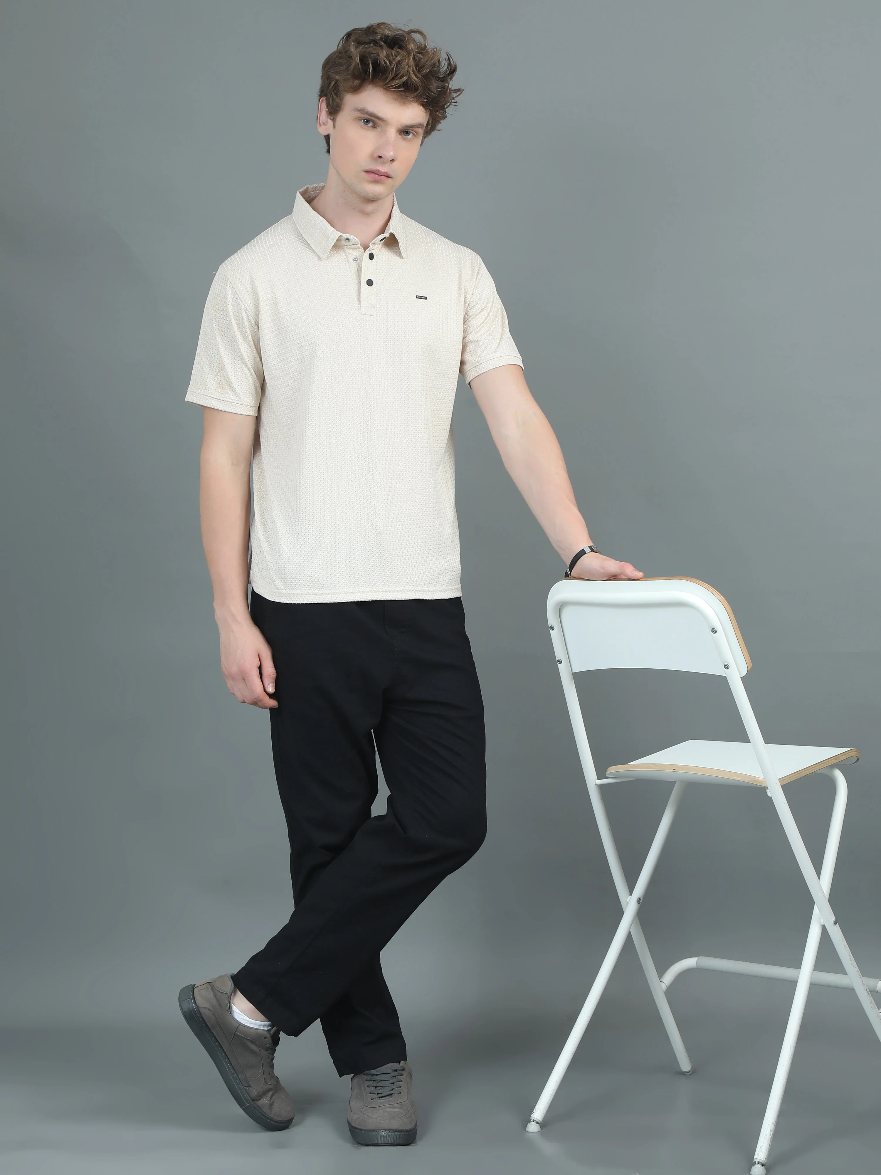 Men Ripple Polo Beige T-Shirt - Image 5