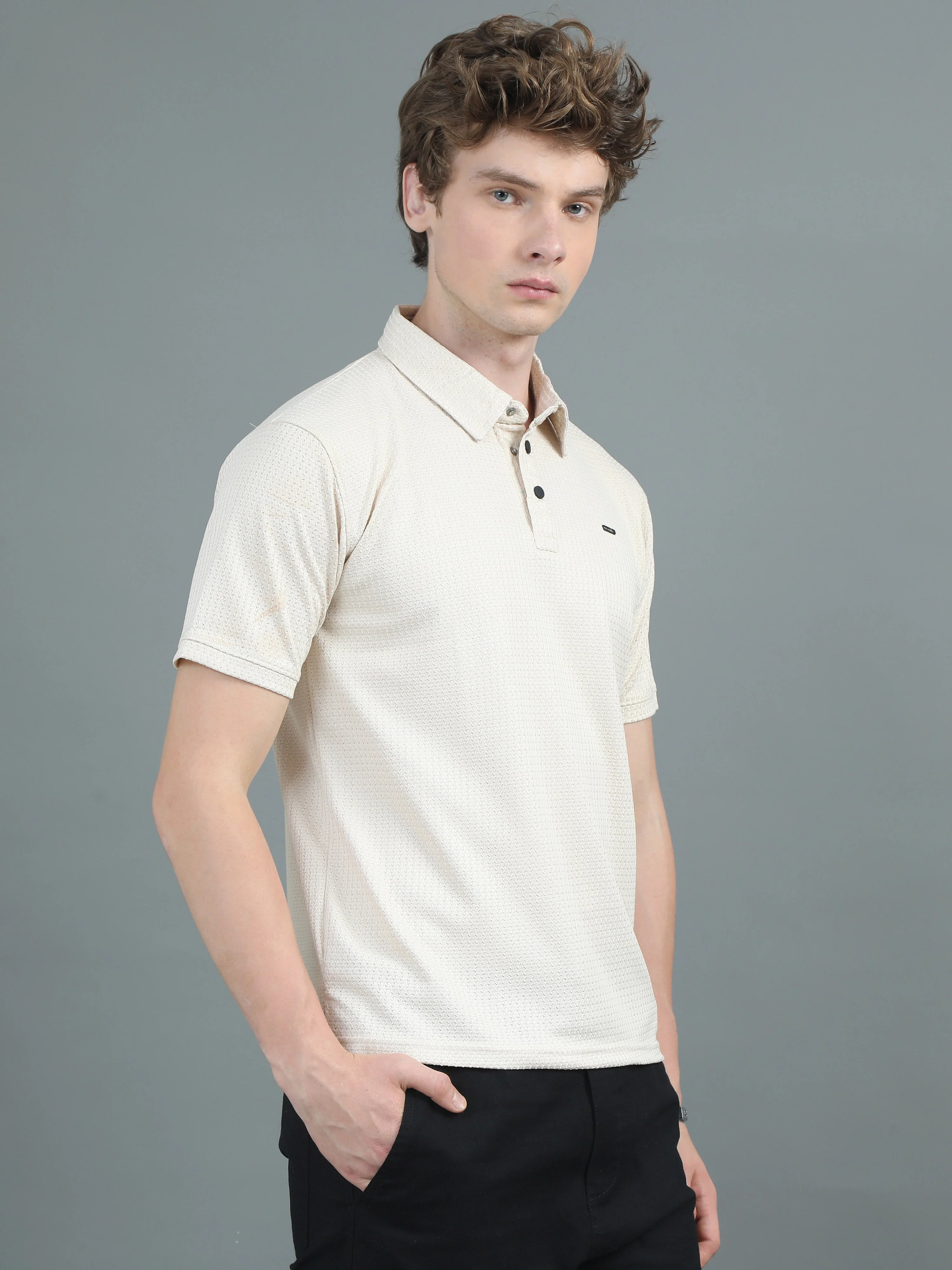 Men Ripple Polo Beige T-Shirt - Image 6