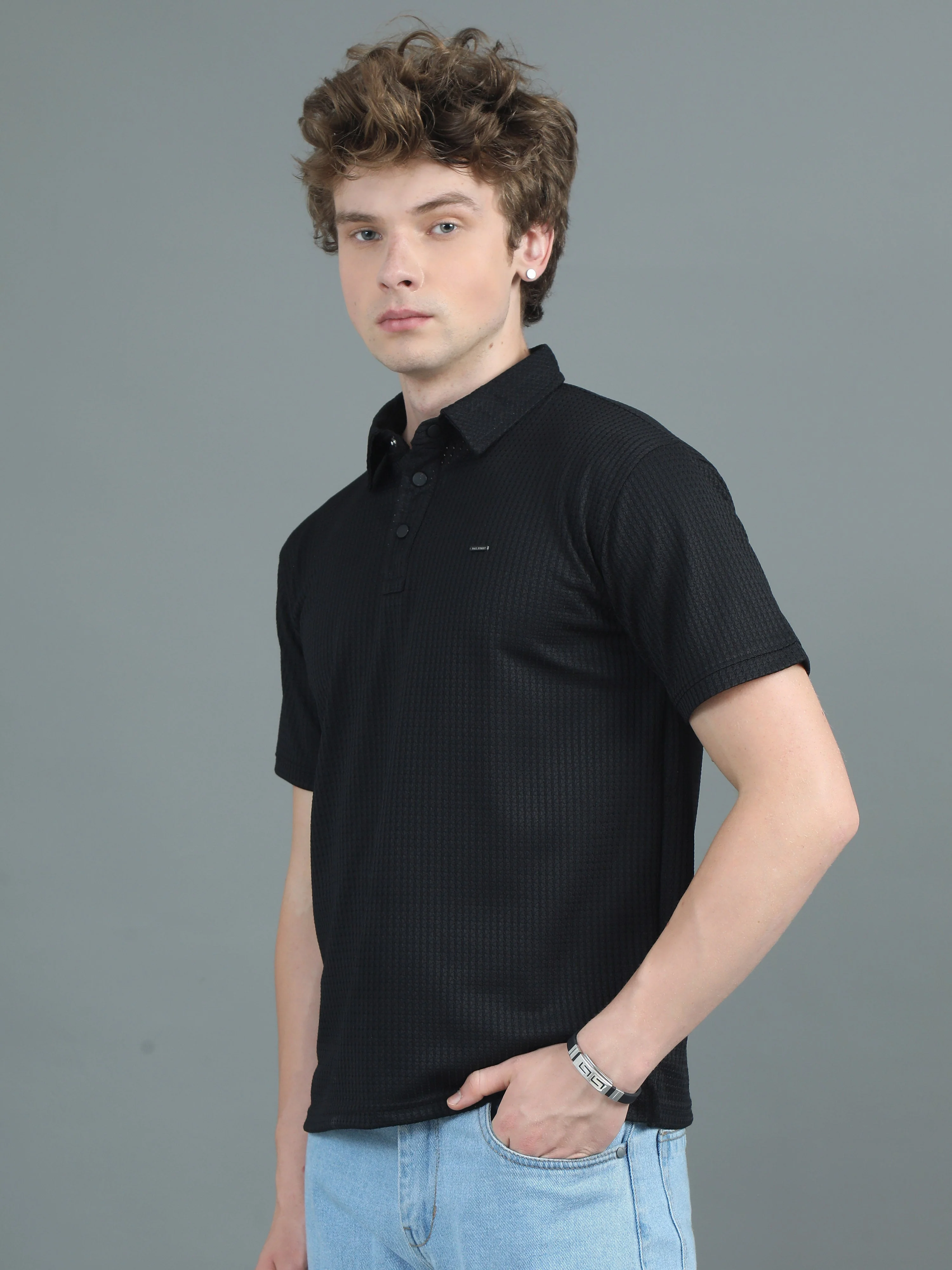 Men Ripple Polo Black T-Shirt - Image 3