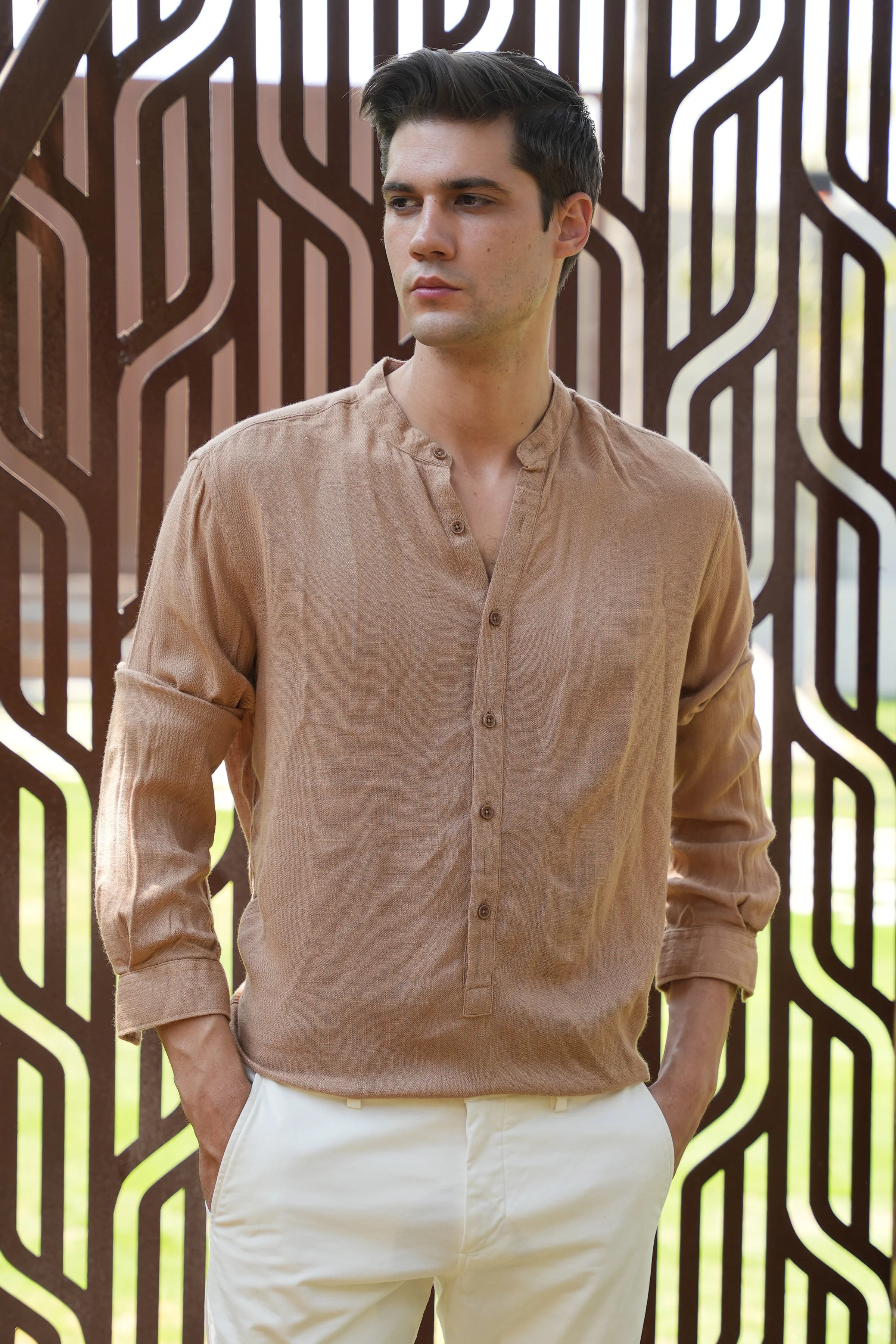 Men River Linen Kurta Khaki Vibe - Image 2