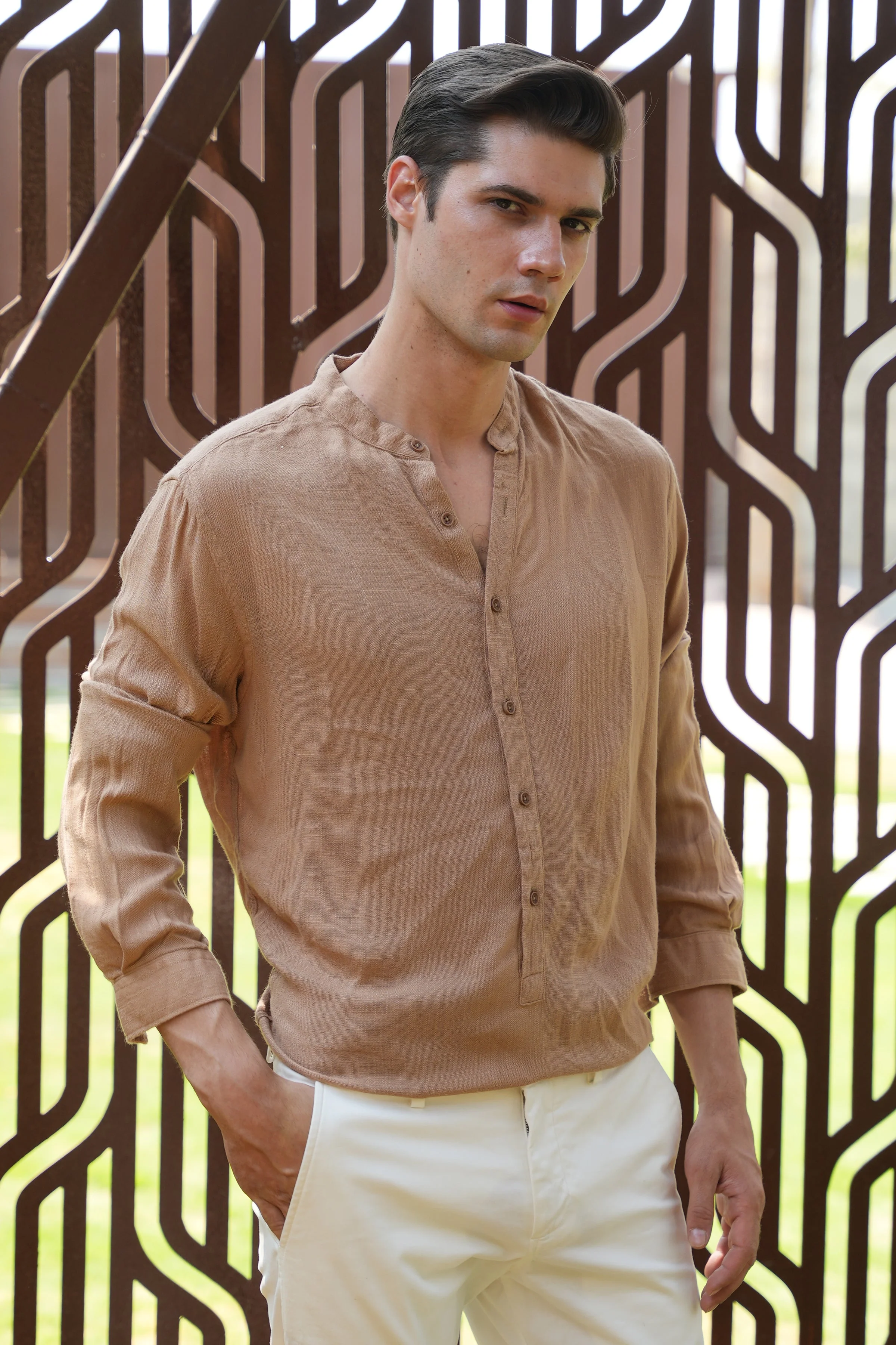 Men River Linen Kurta Khaki Vibe - Image 3
