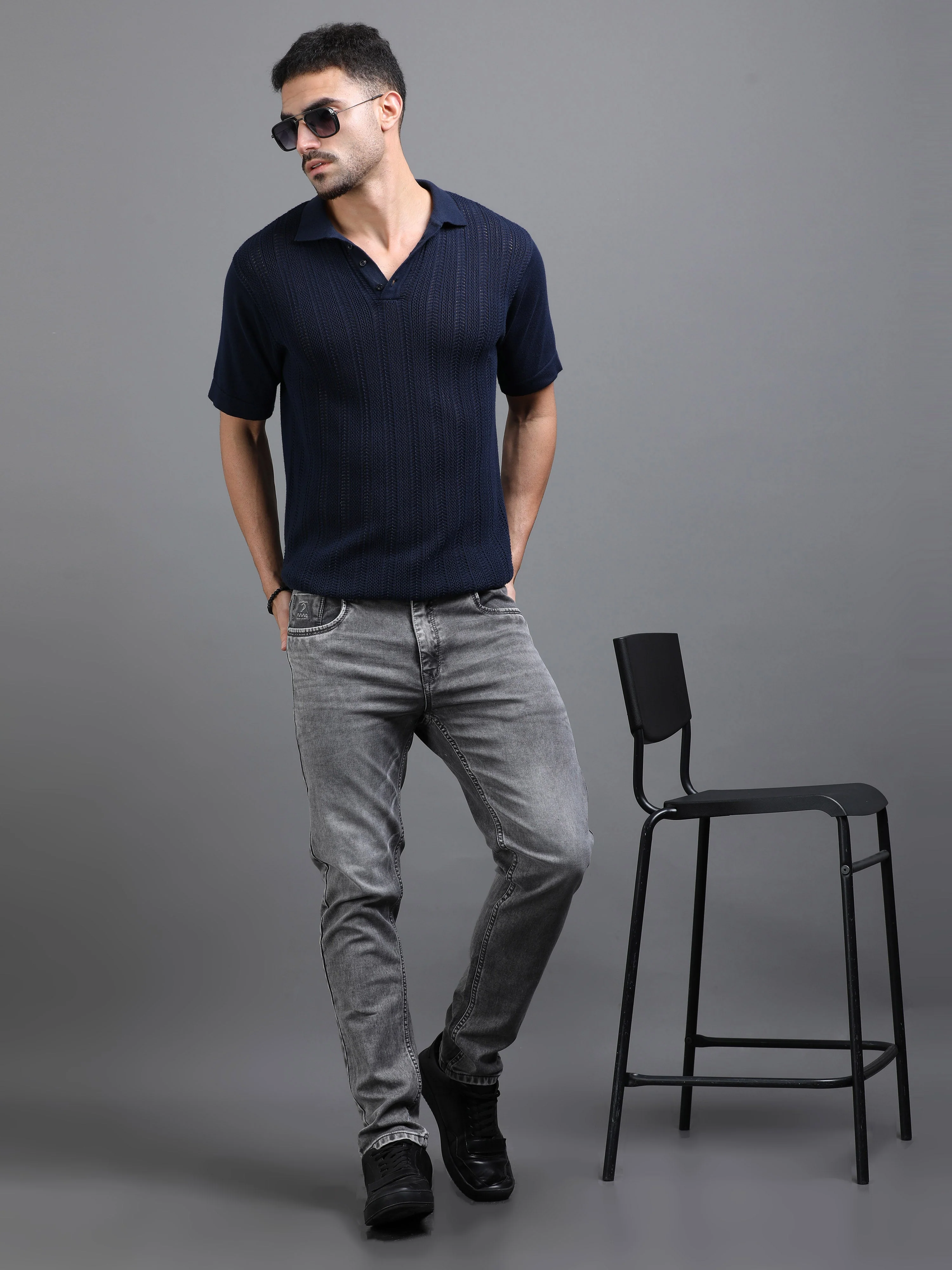 Men Rivet Ash Grey Jeans - Image 3