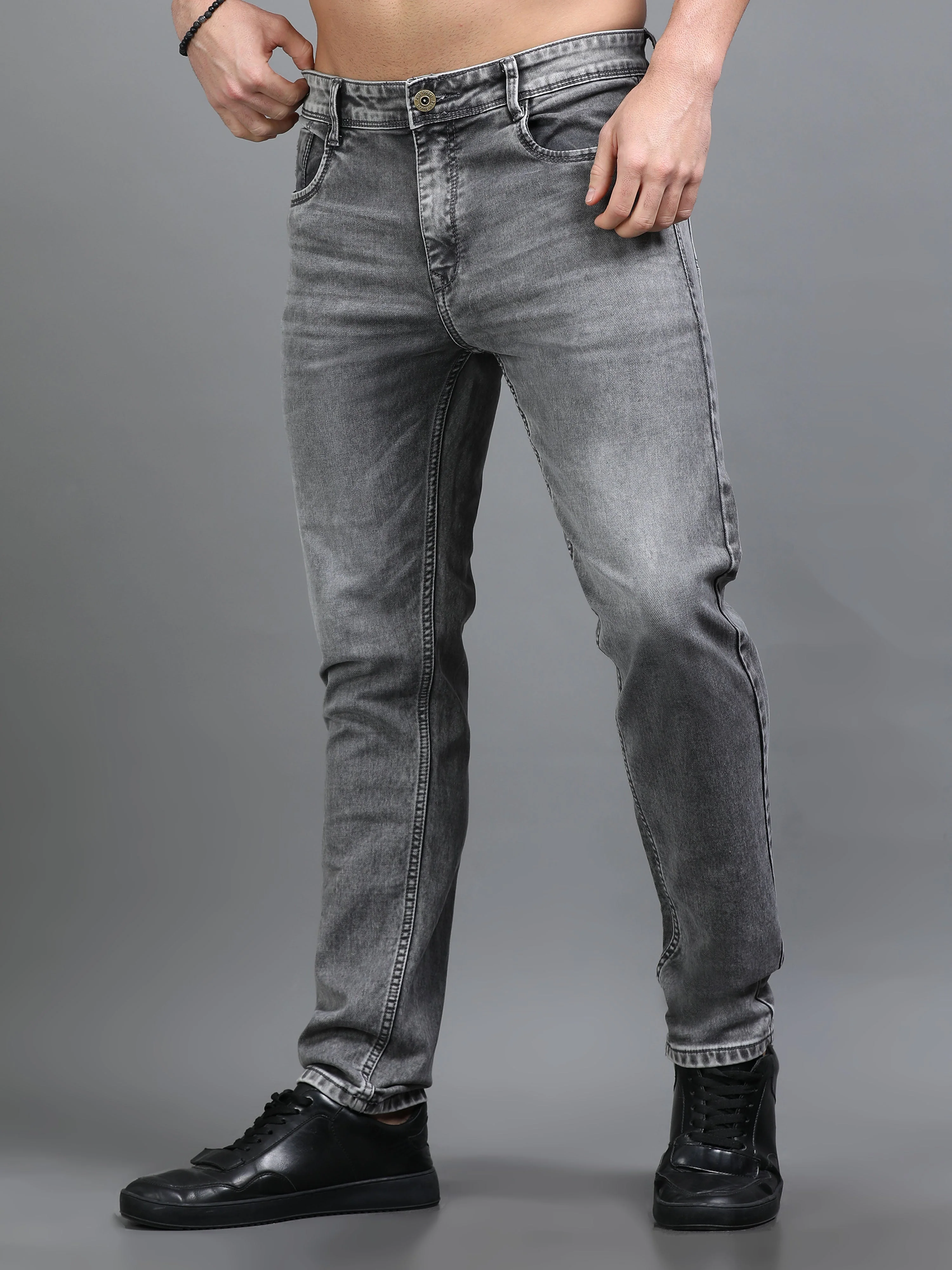 Men Rivet Ash Grey Jeans - Image 6