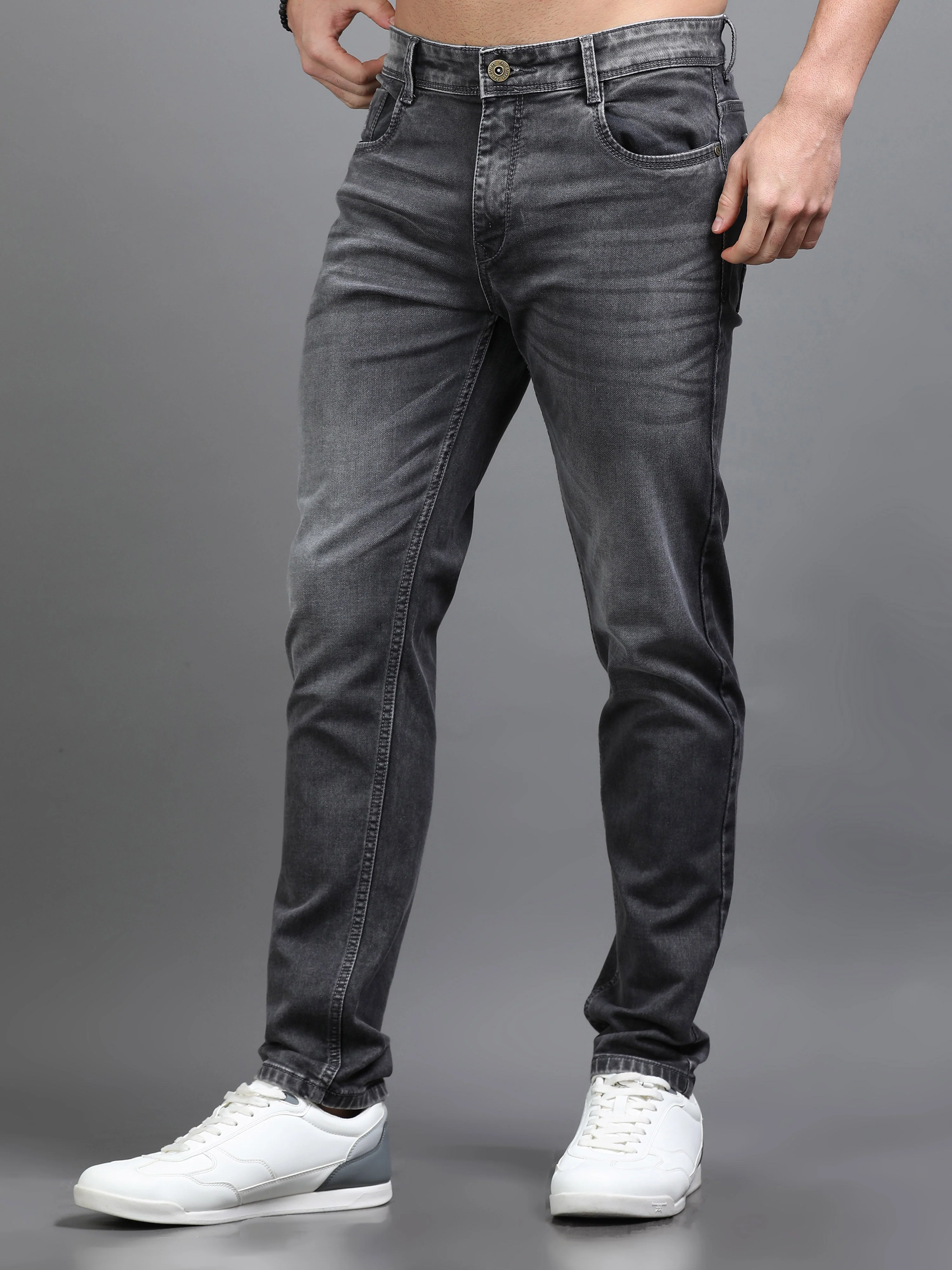 Men Rivet Charcoal Grey Jeans - Image 3
