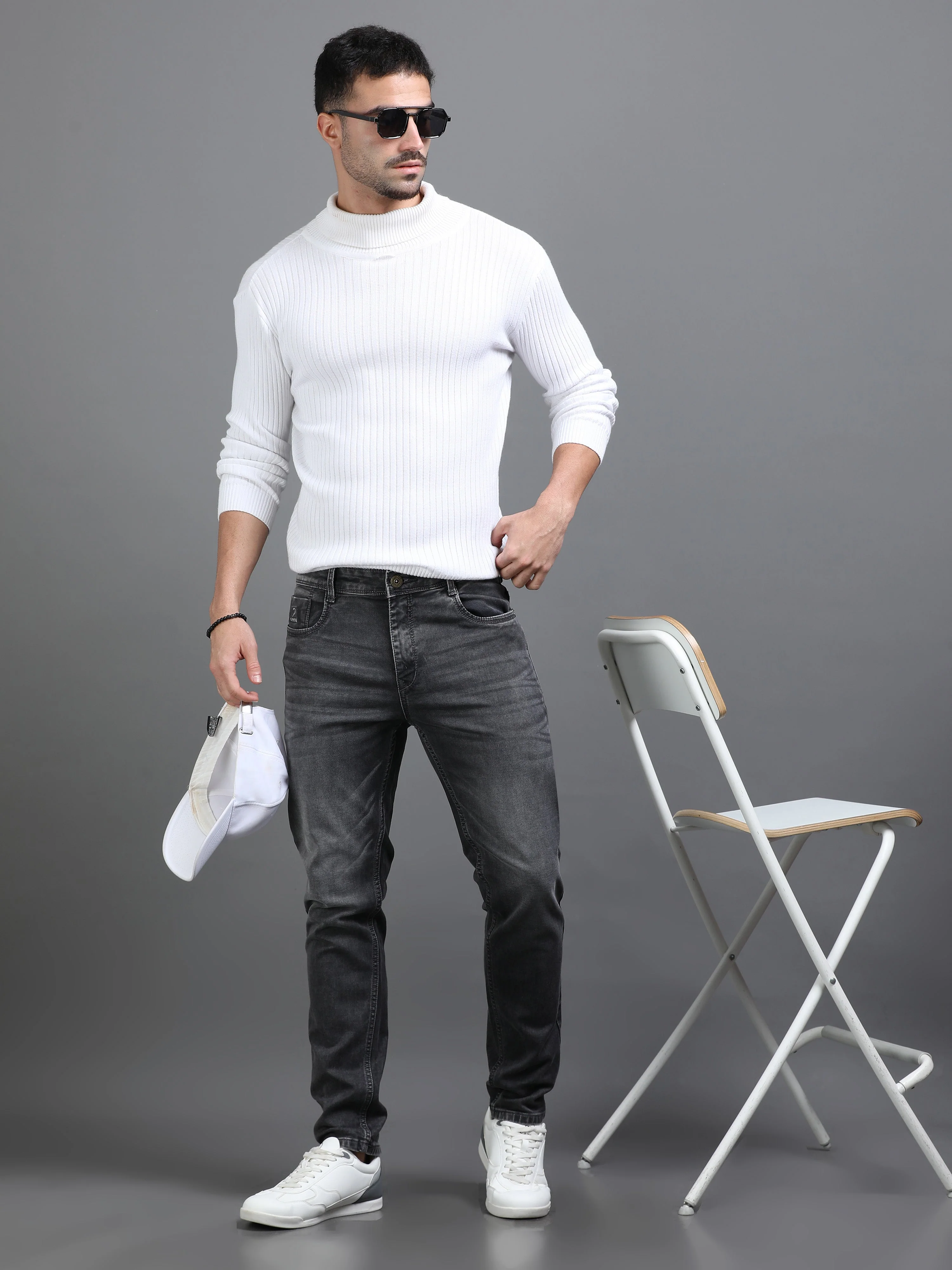 Men Rivet Charcoal Grey Jeans - Image 6