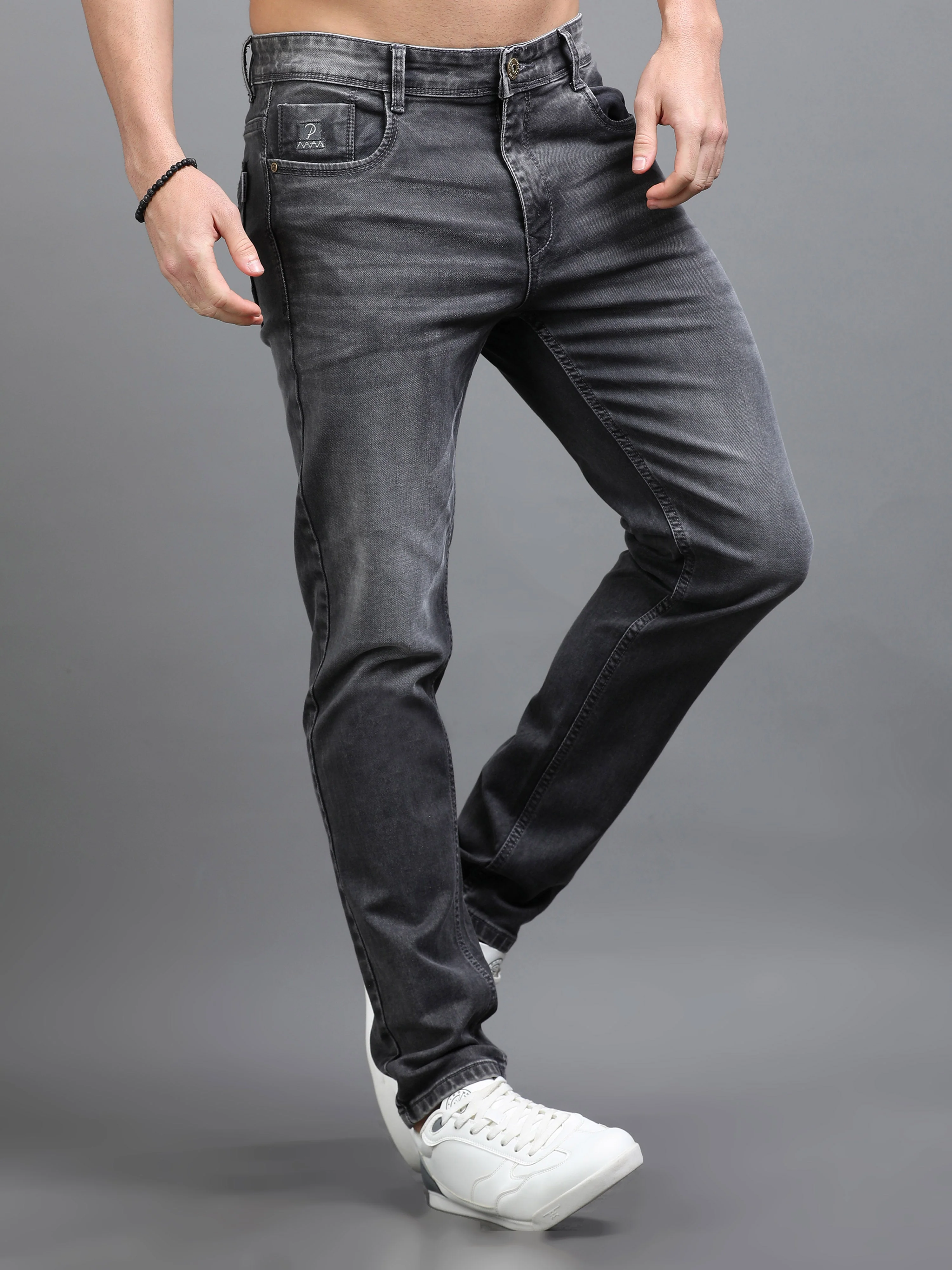Men Rivet Charcoal Grey Jeans - Image 7