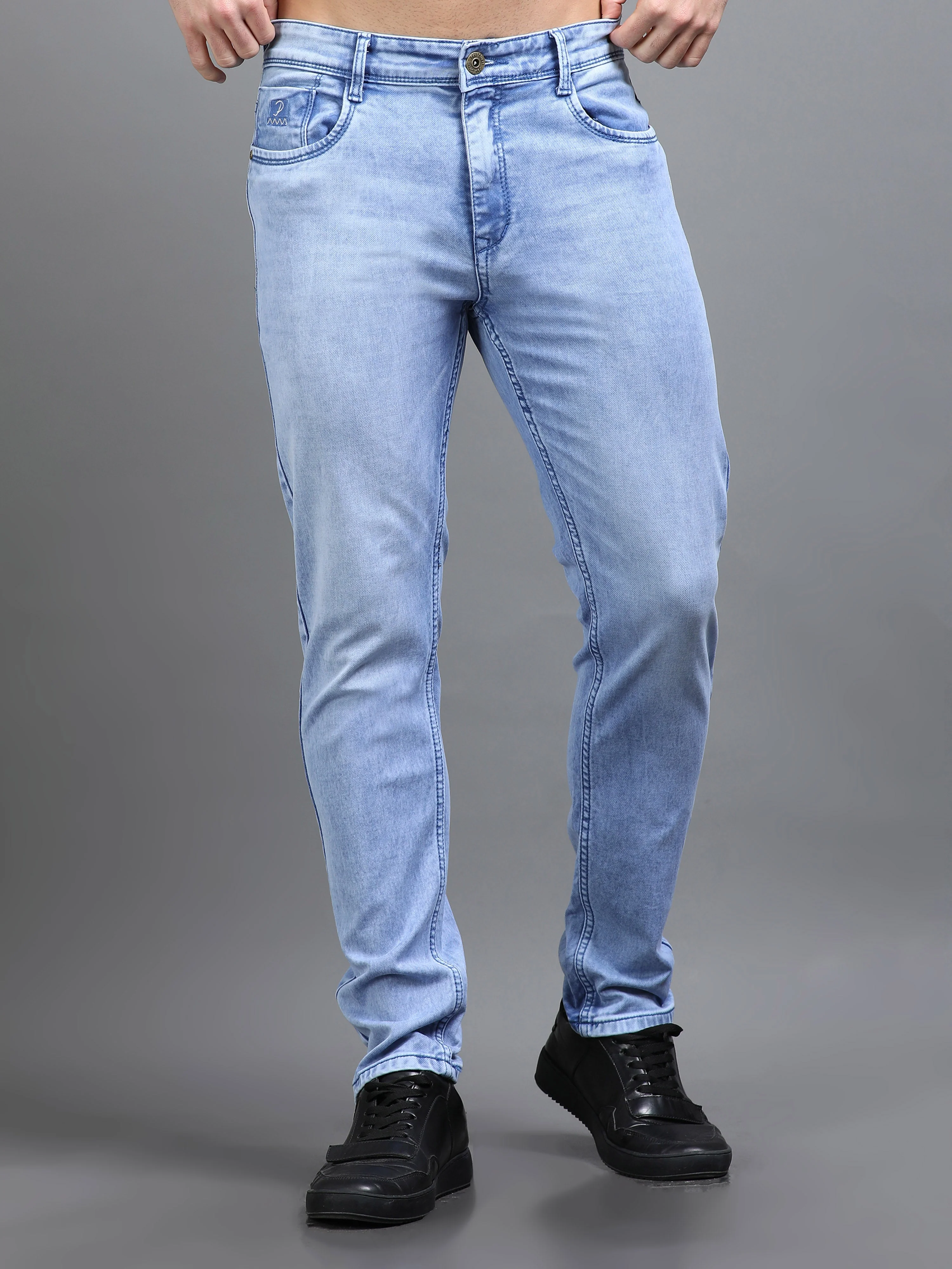 Men Rivet Ice Blue Jeans