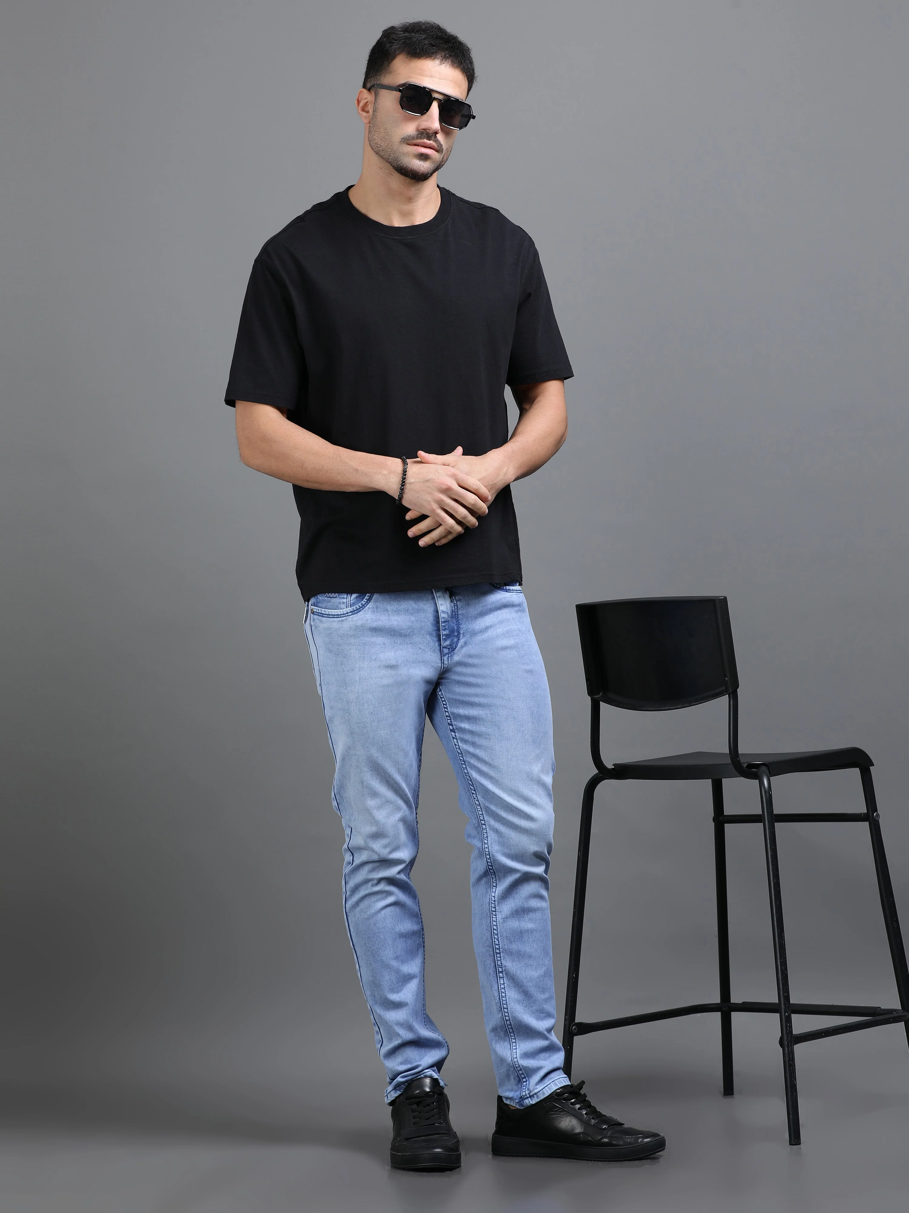 Men Rivet Ice Blue Jeans - Image 6