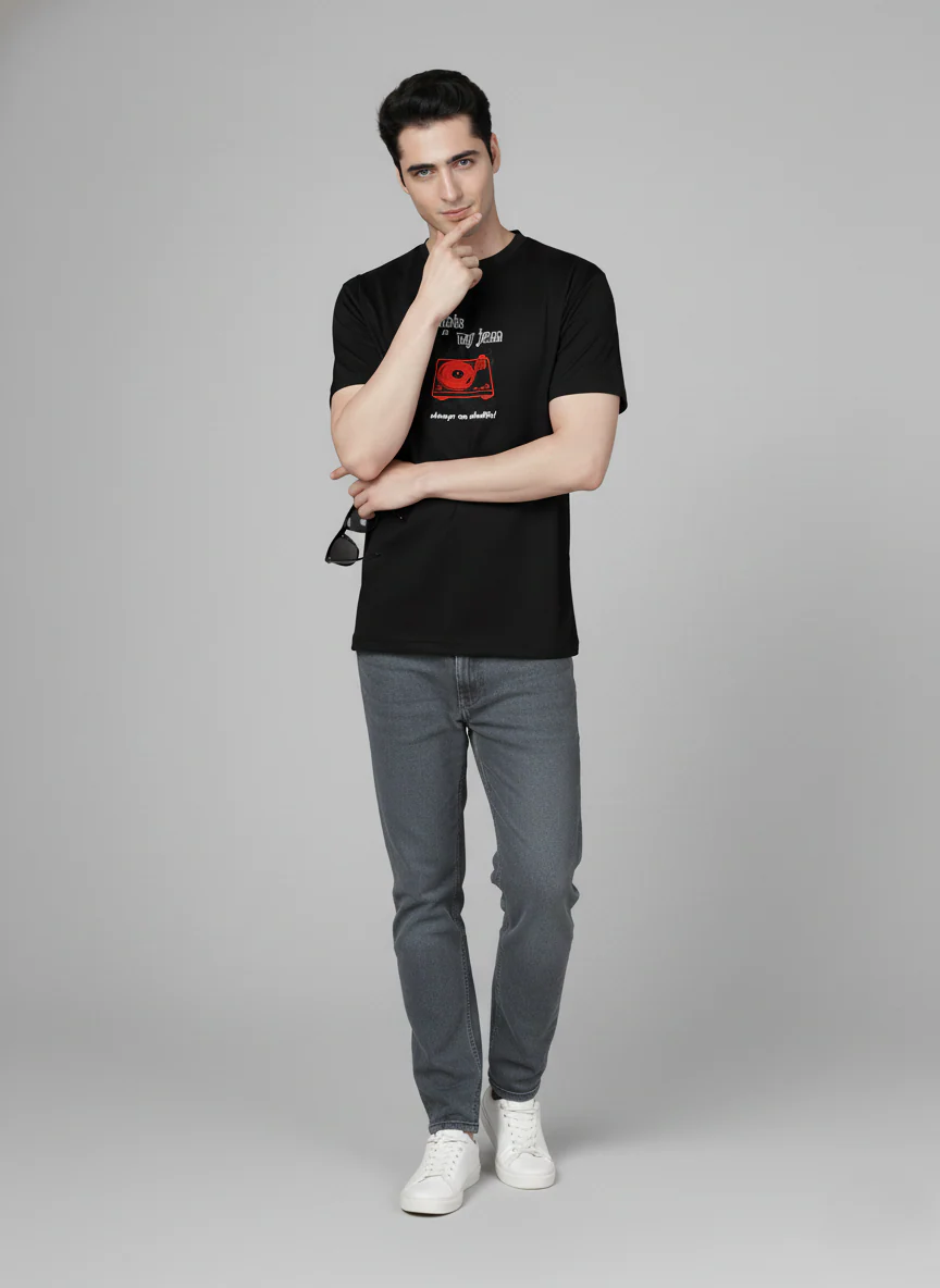 Men Cotton Black Printed Tshirt - Image 2