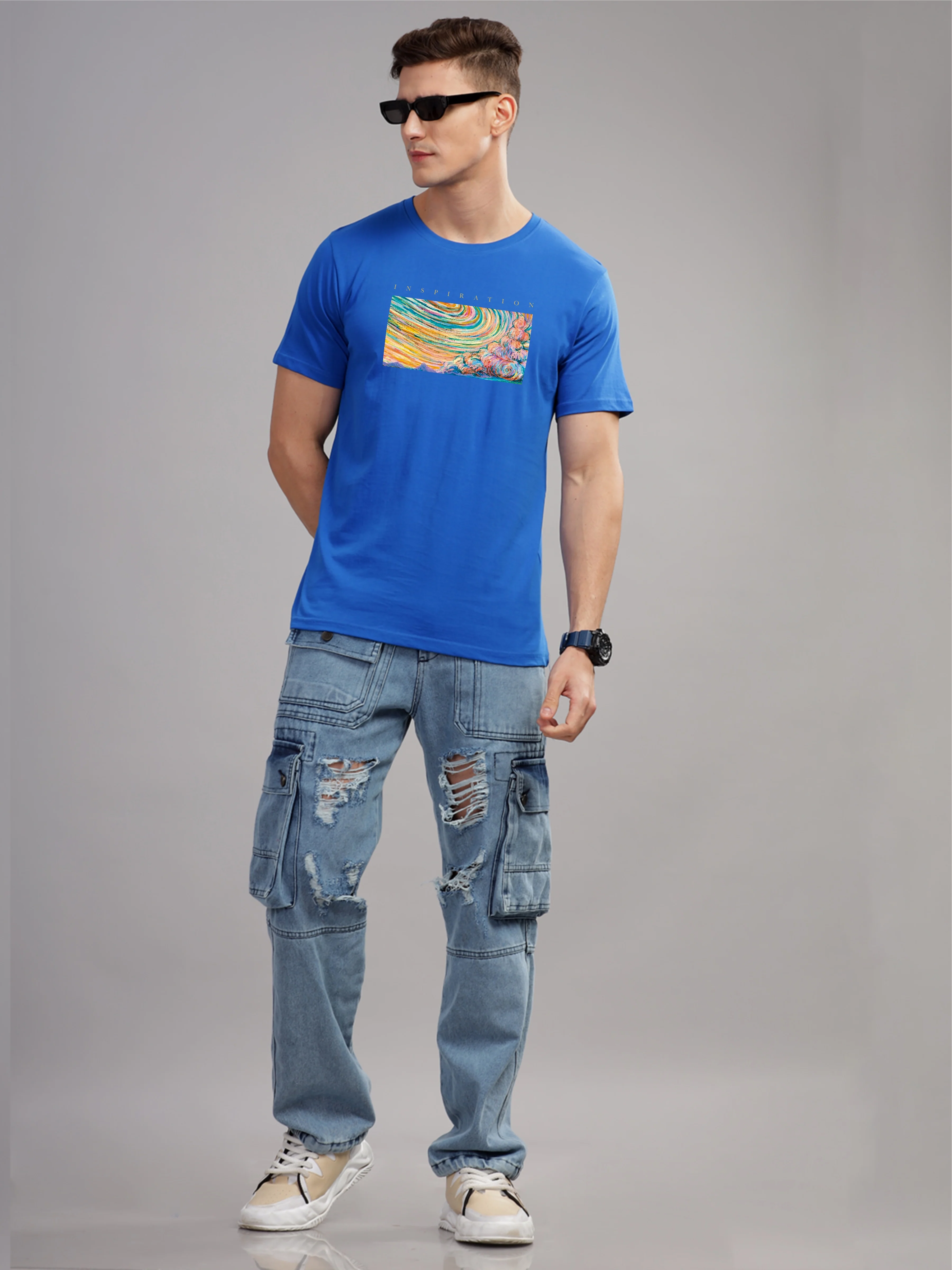 Men Blue Round Neck T Shirt - Image 2