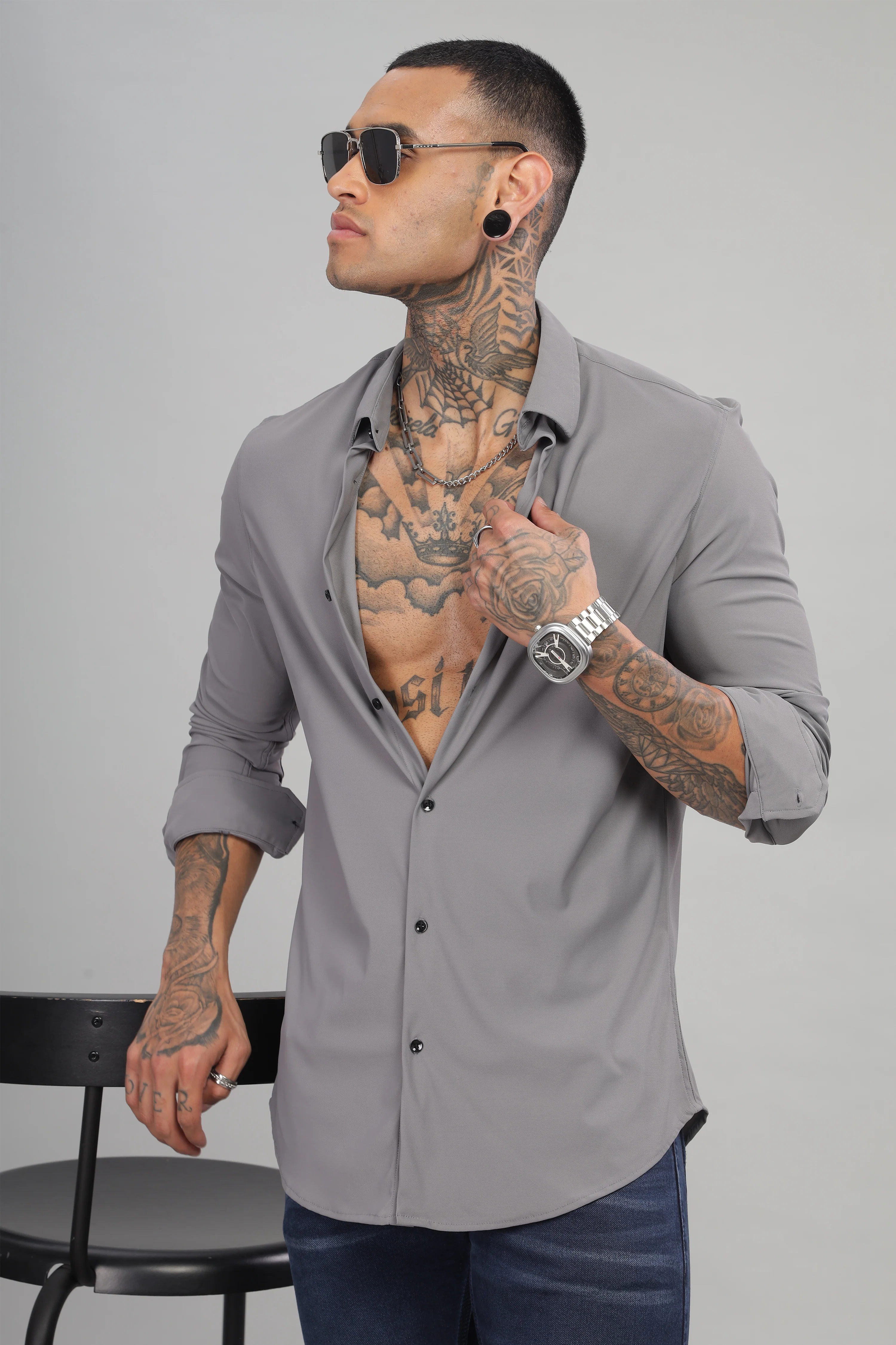 Men Grey Blue Slim Fit Shirt - Image 2