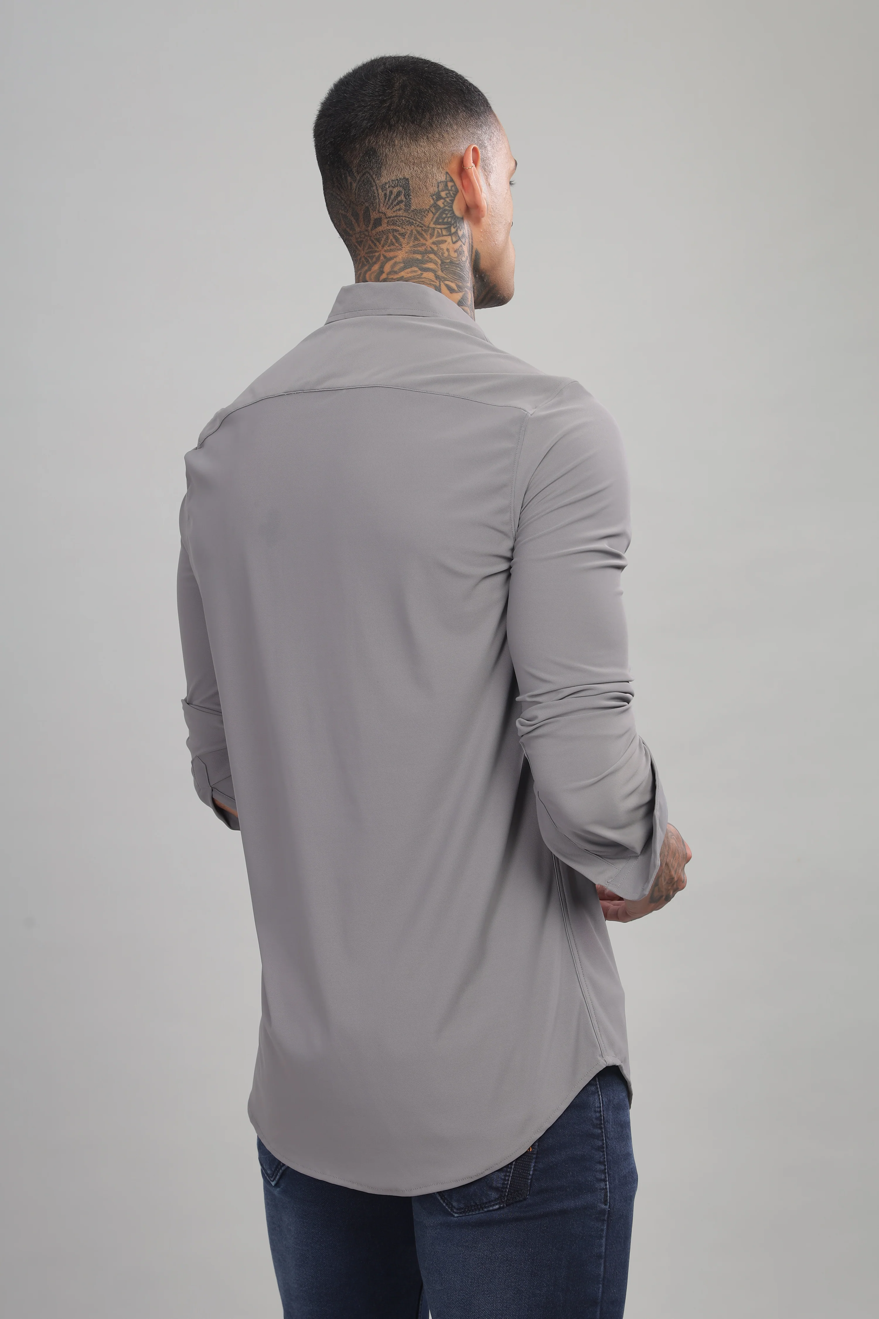 Men Grey Blue Slim Fit Shirt - Image 4