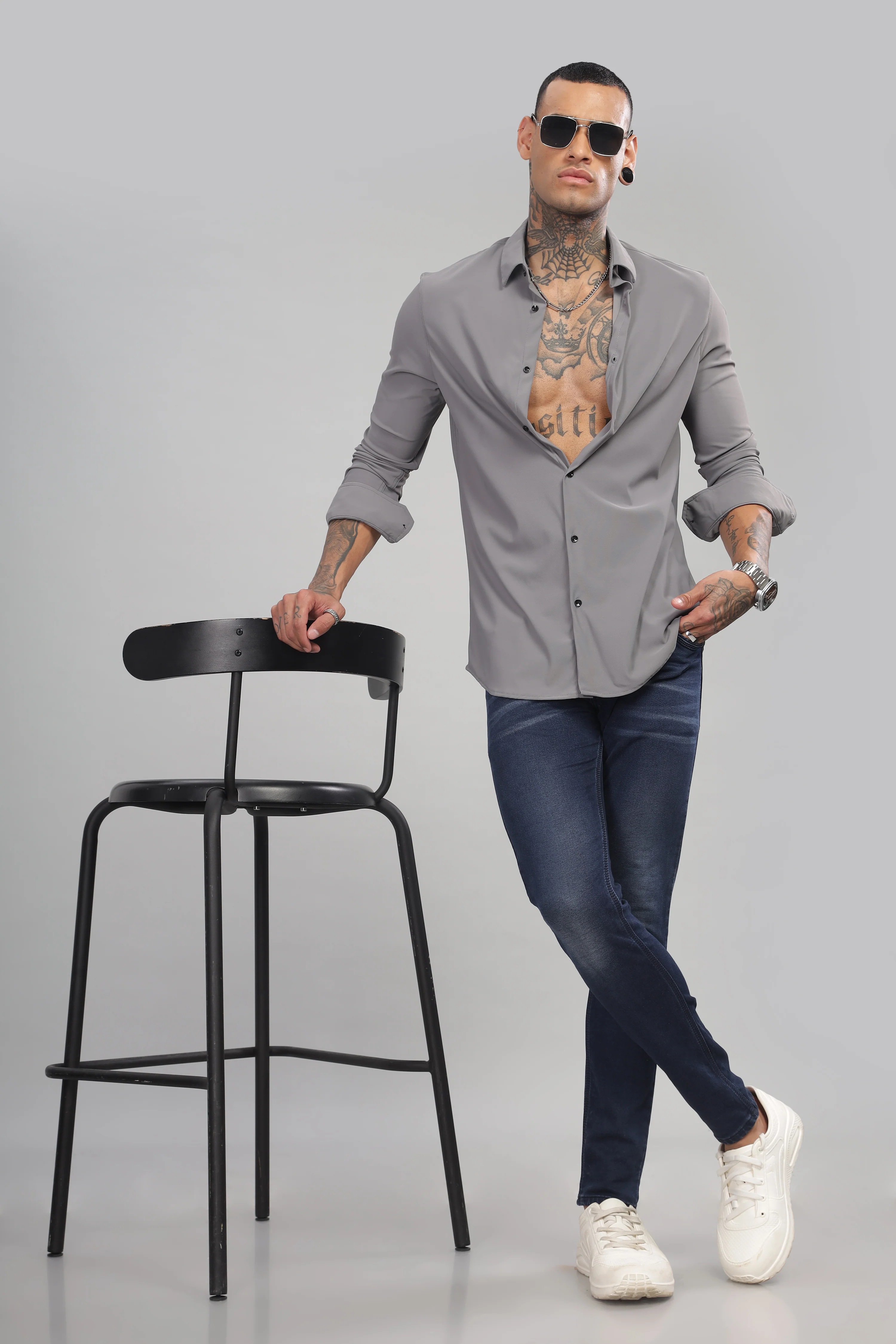 Men Grey Blue Slim Fit Shirt - Image 5